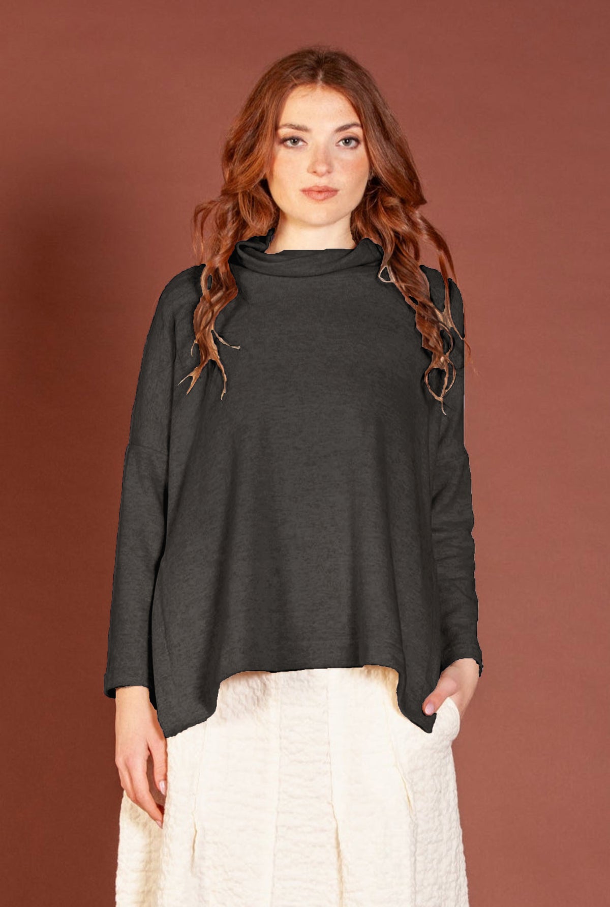 Women's oversized, boxy-fit long sleeve top in Mama b’s cozy knit fabric, with relaxed 4" cowl neck and drop shoulders. In colour Anthracite. Front view.