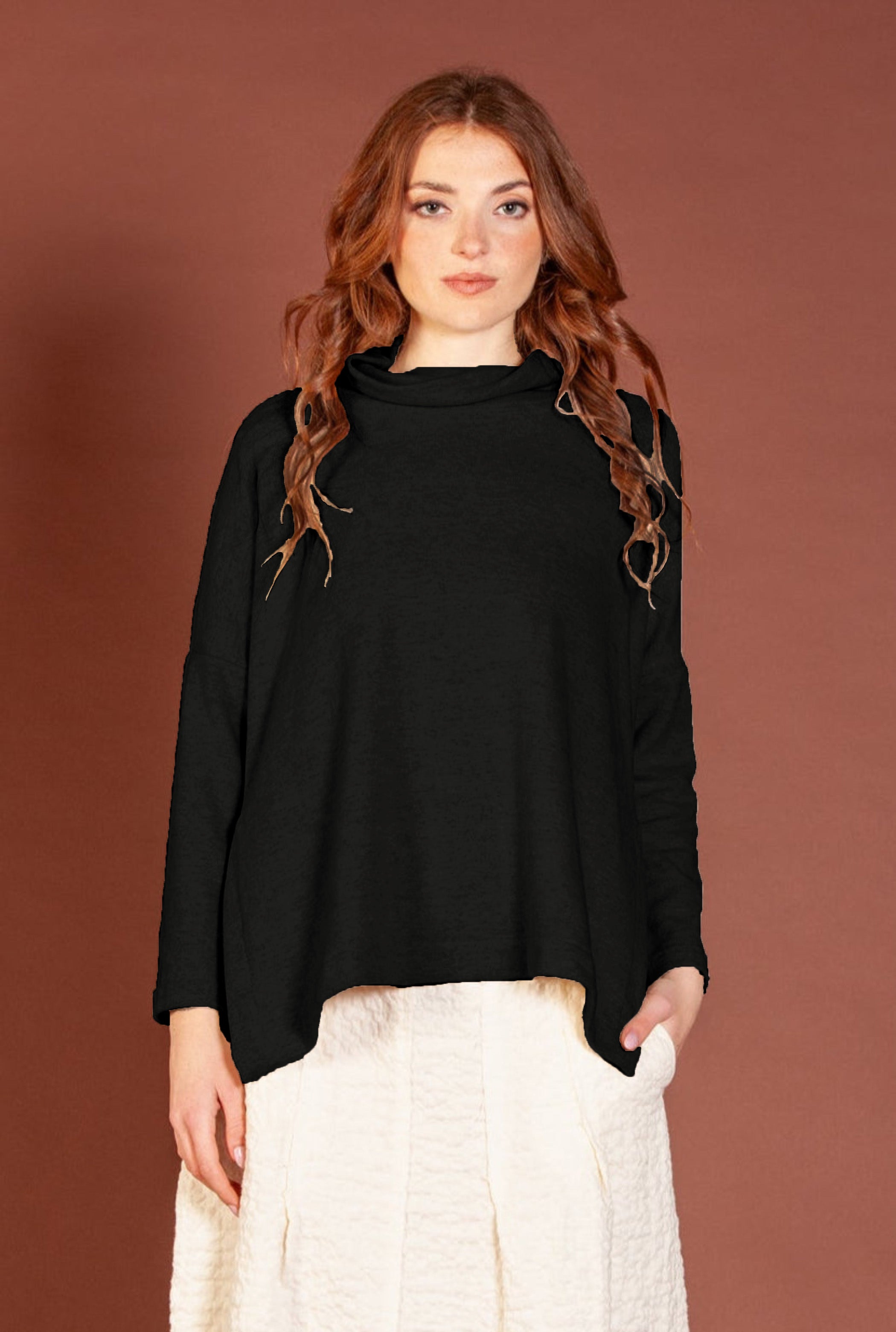 Mama B Cozy Knit Cowl Neck Slit Pullover in Black