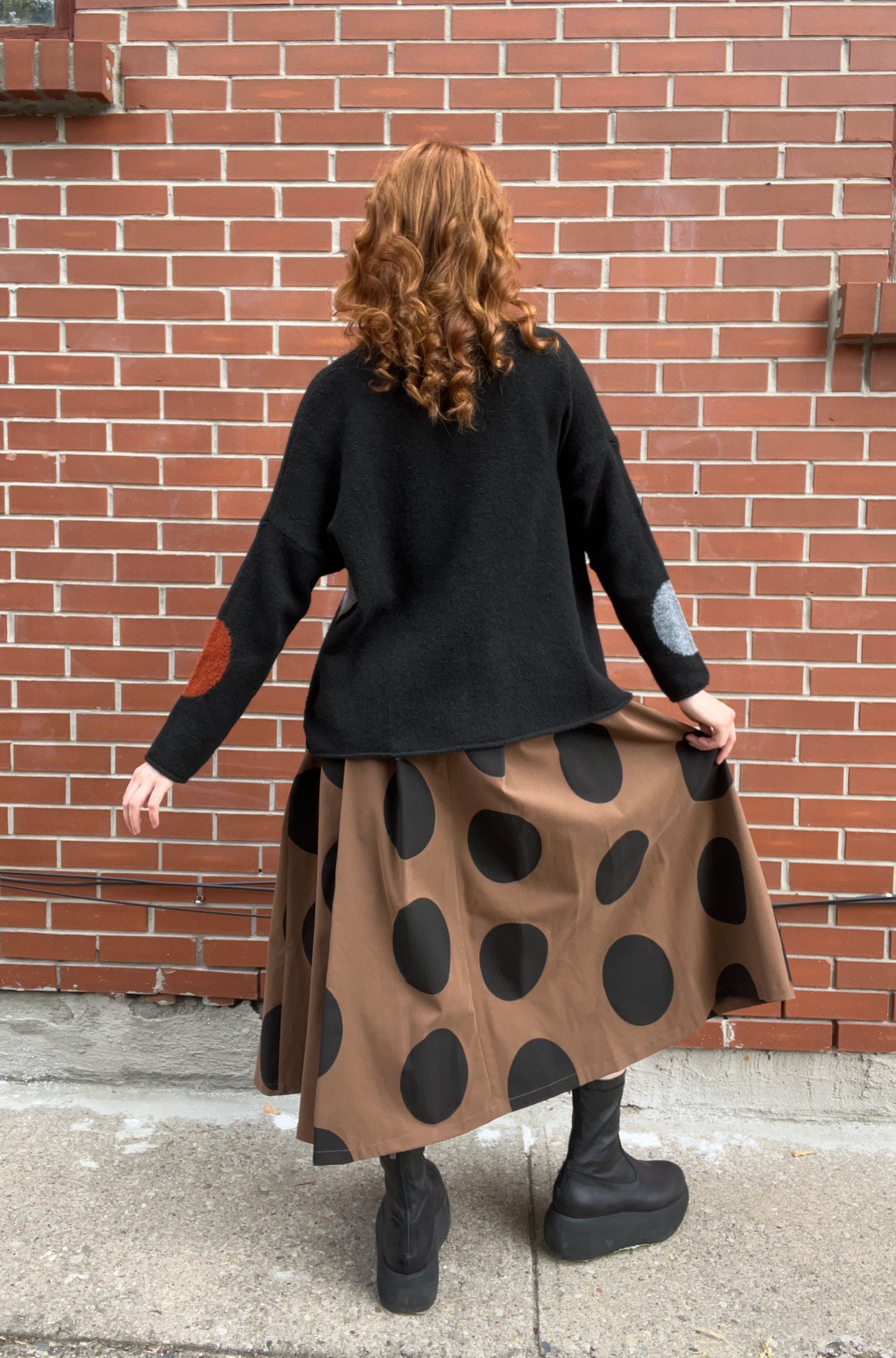 NEIRAMI Midi A-line Skirt in Brown with Black Dots