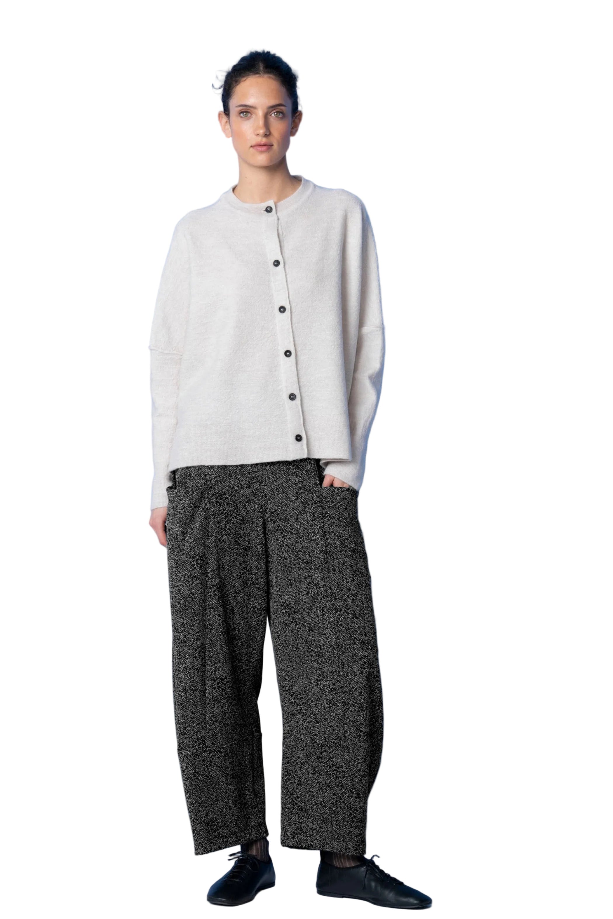 OSKA Wide Curved Leg  Knit Pant in Black Herringbone