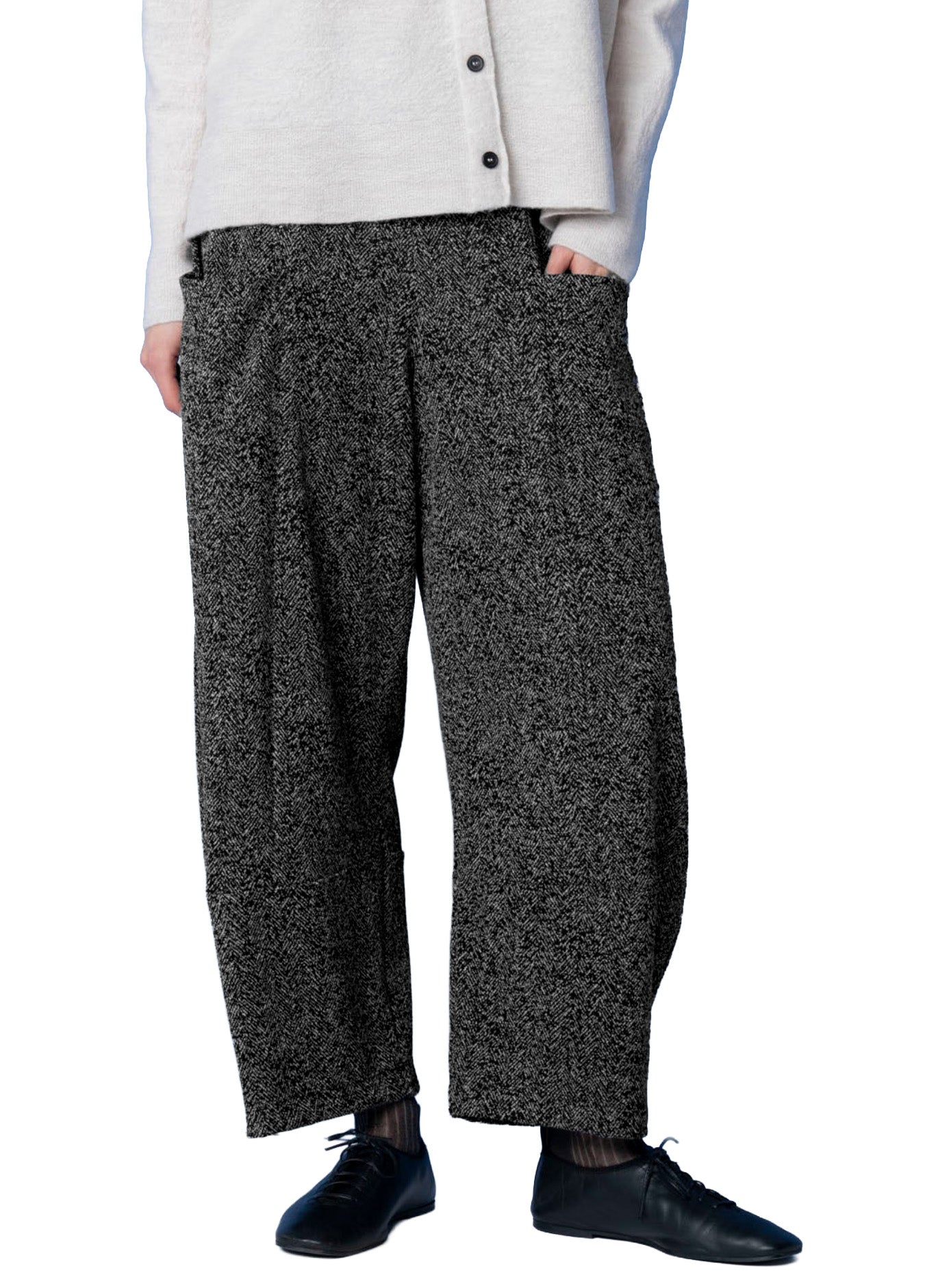 OSKA Wide Curved Leg  Knit Pant in Black Herringbone
