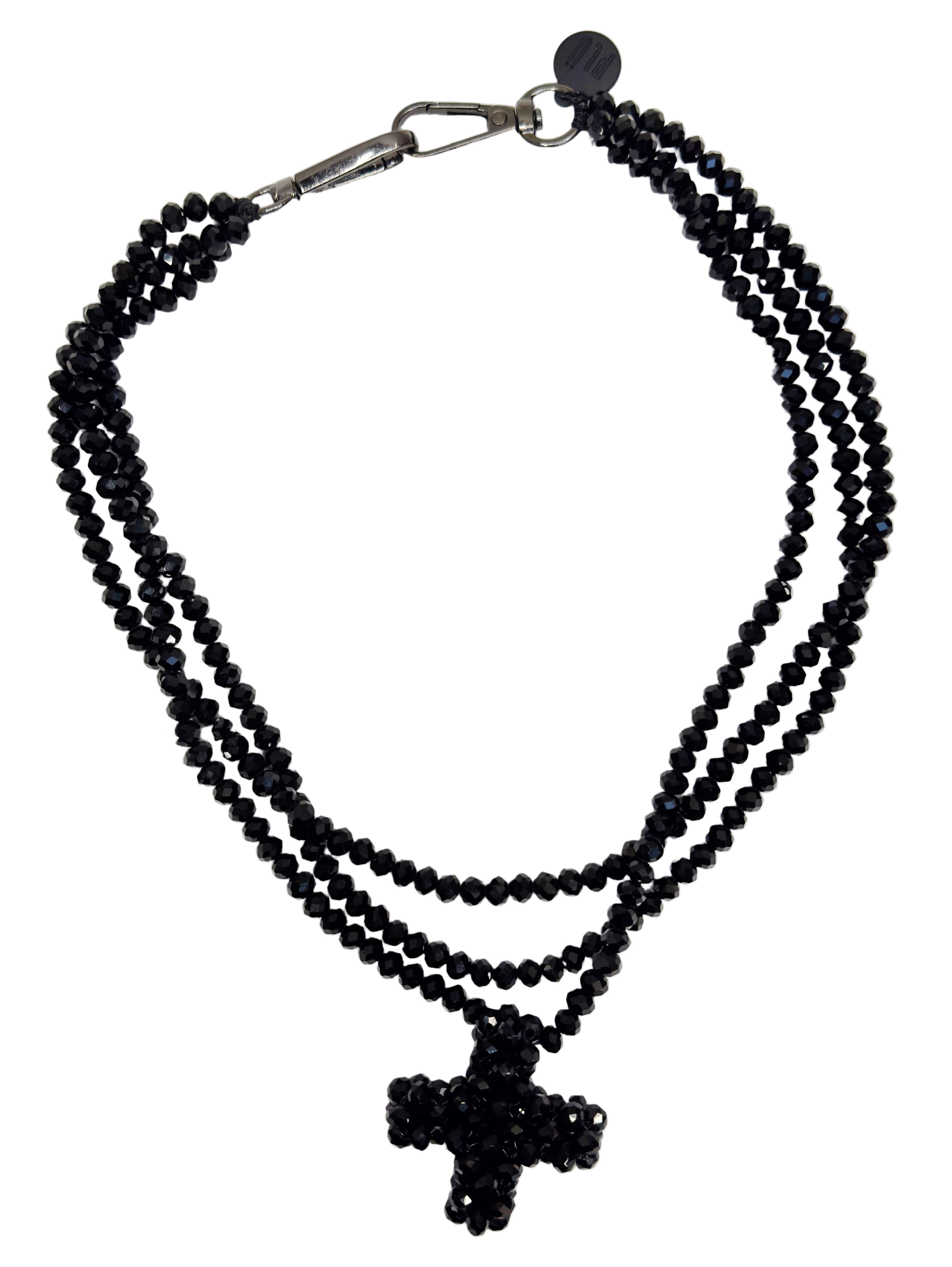 PLU 3-String Beaded Plus Sign Necklace - Black