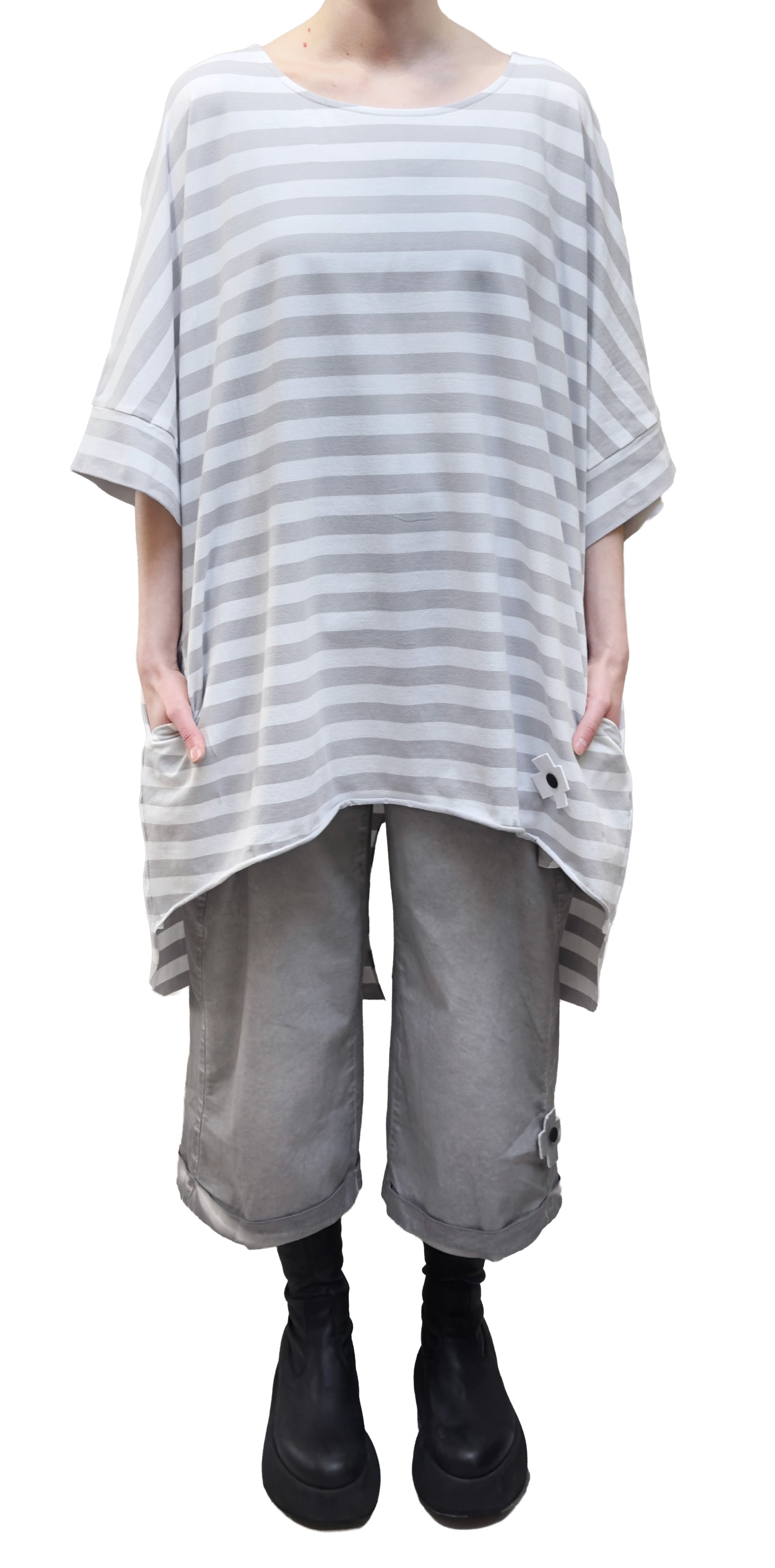 PLU Dolman Half Sleeve Long Pullover in Cement Stripes