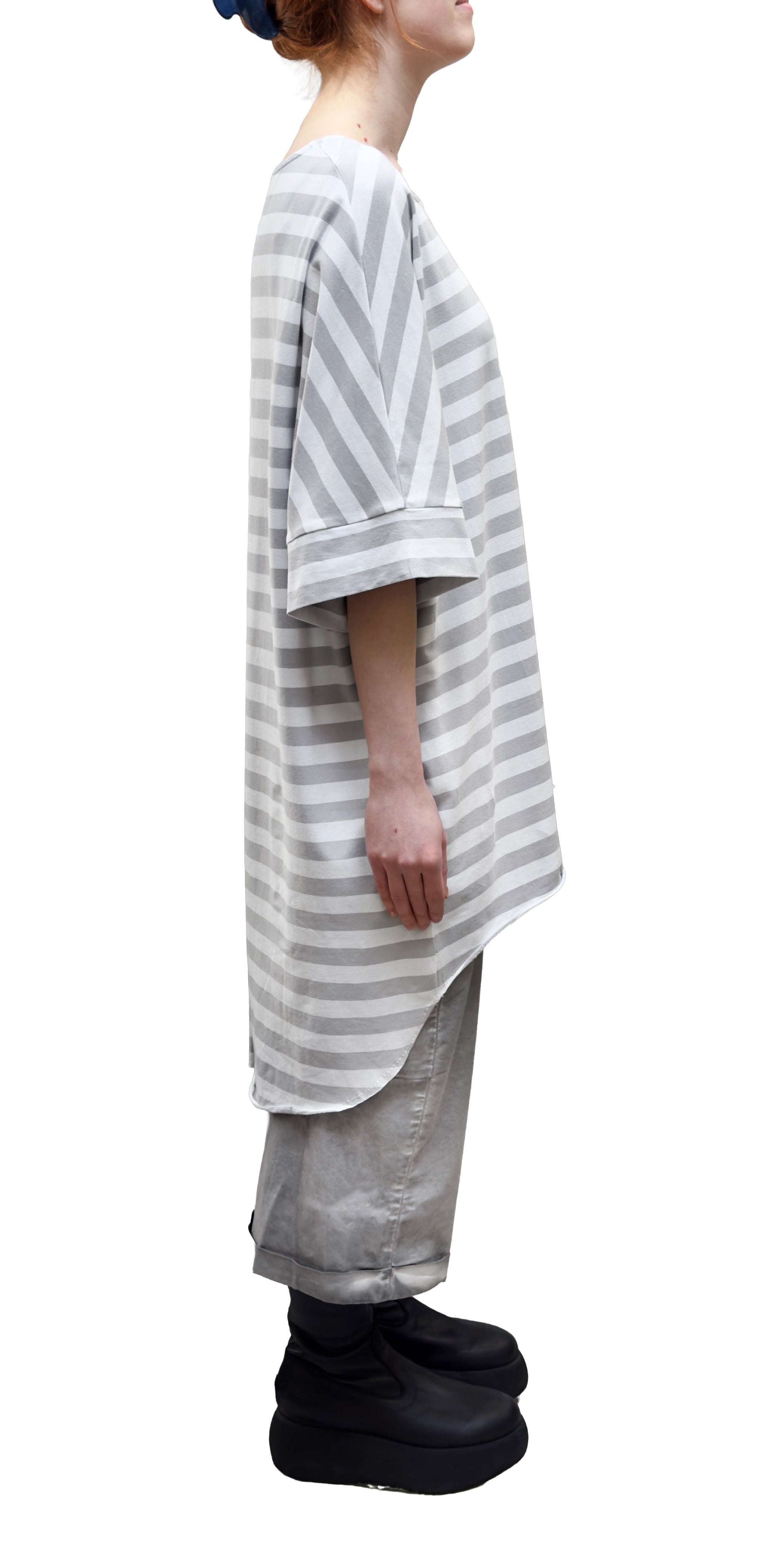 PLU Dolman Half Sleeve Long Pullover in Cement Stripes