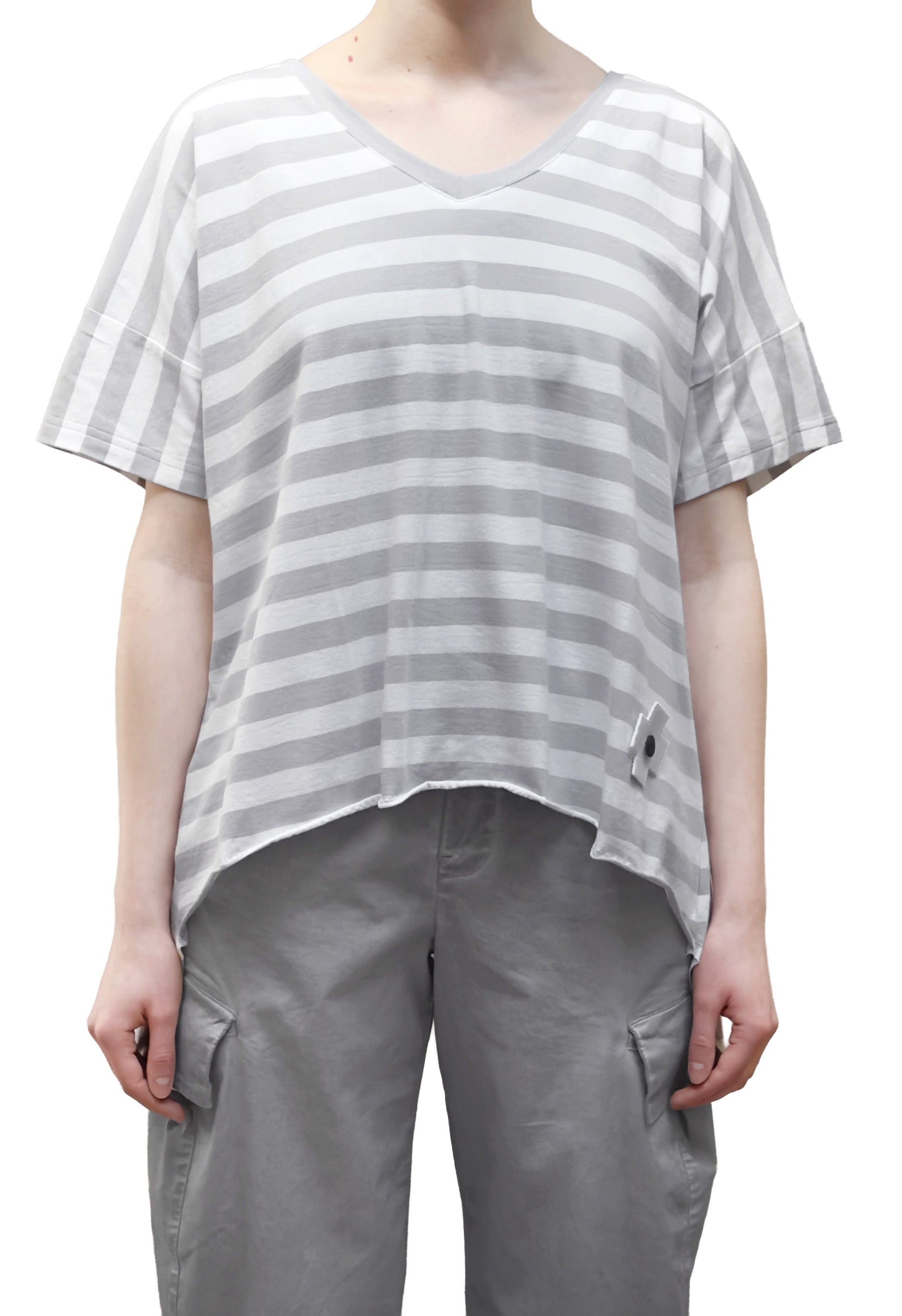 PLU V-neck Hi-Lo Tee in Cement Stripes