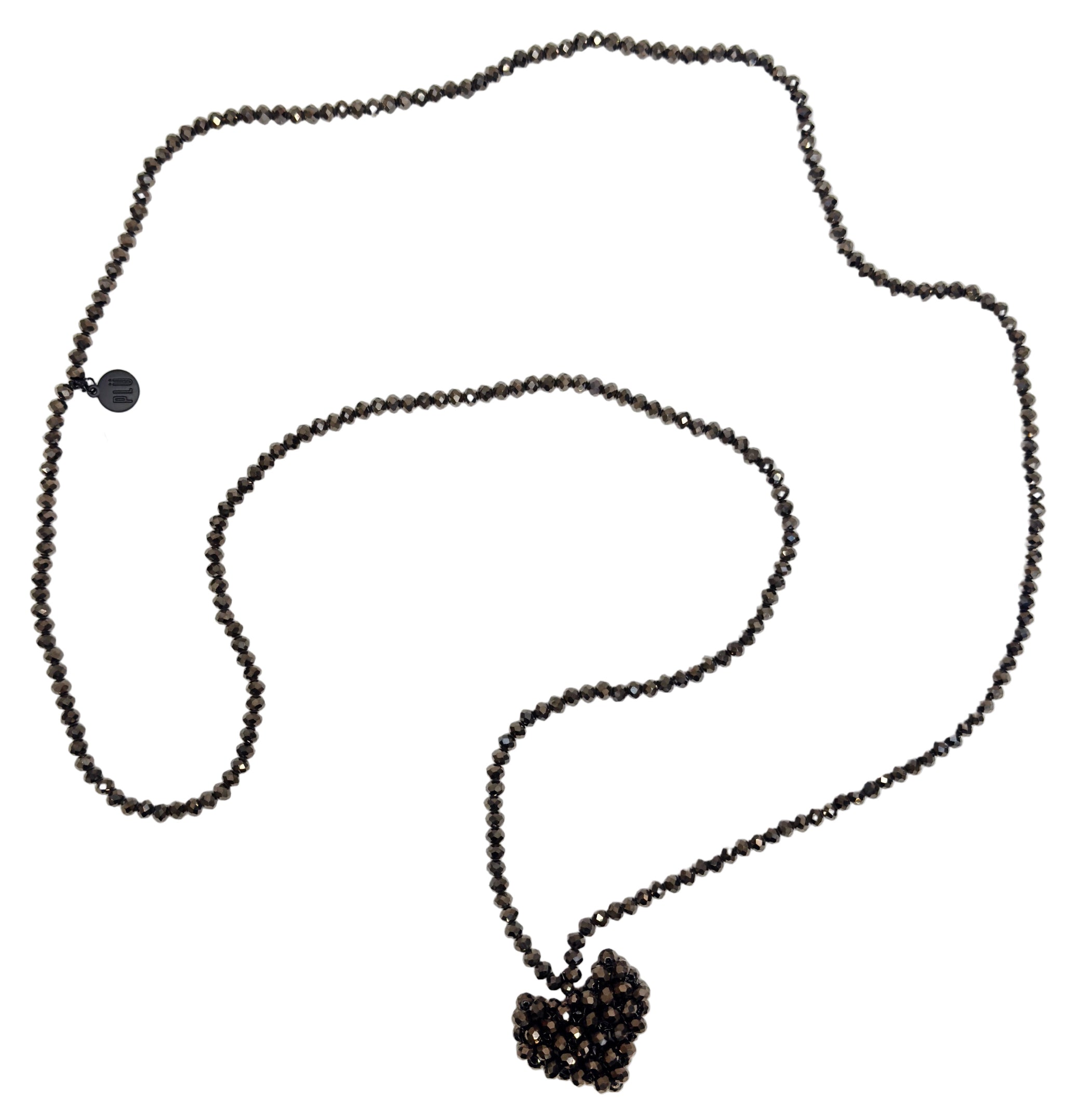 PLU Across Heart Long Beaded Necklace - Brown
