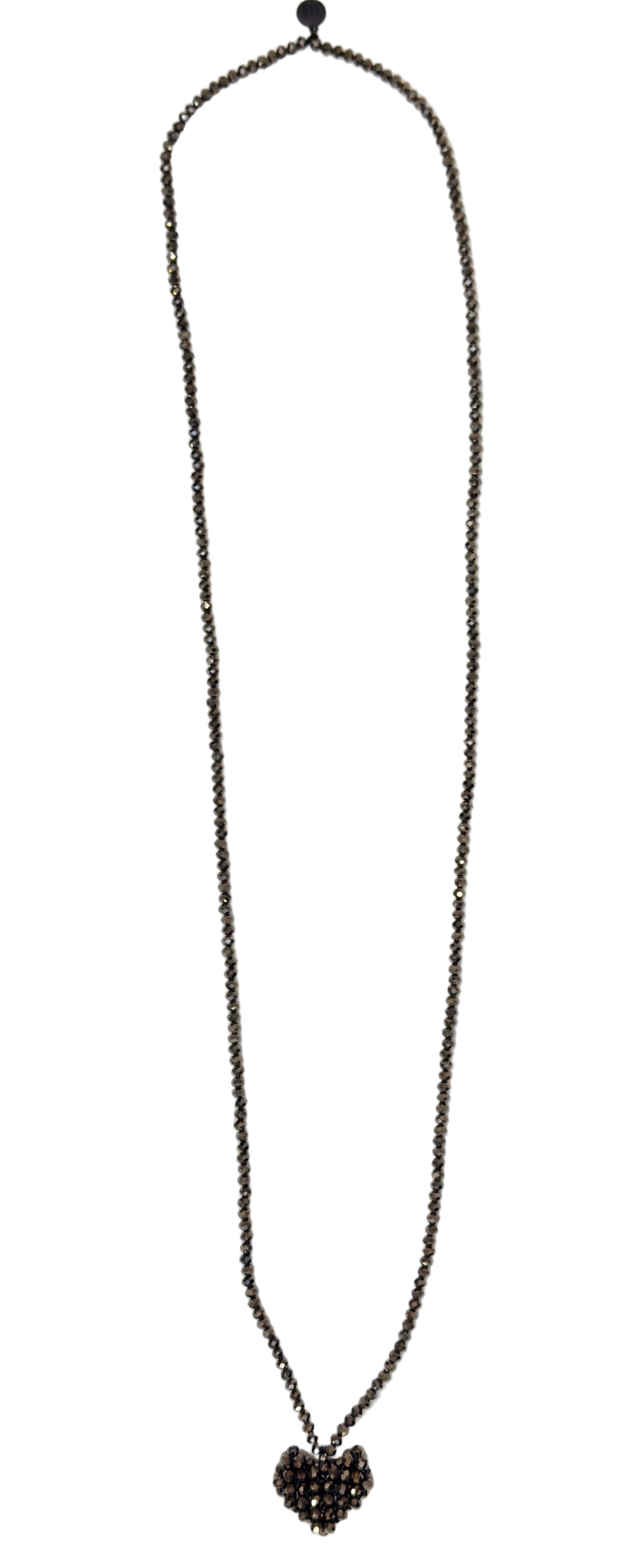 PLU Across Heart Long Beaded Necklace - Brown