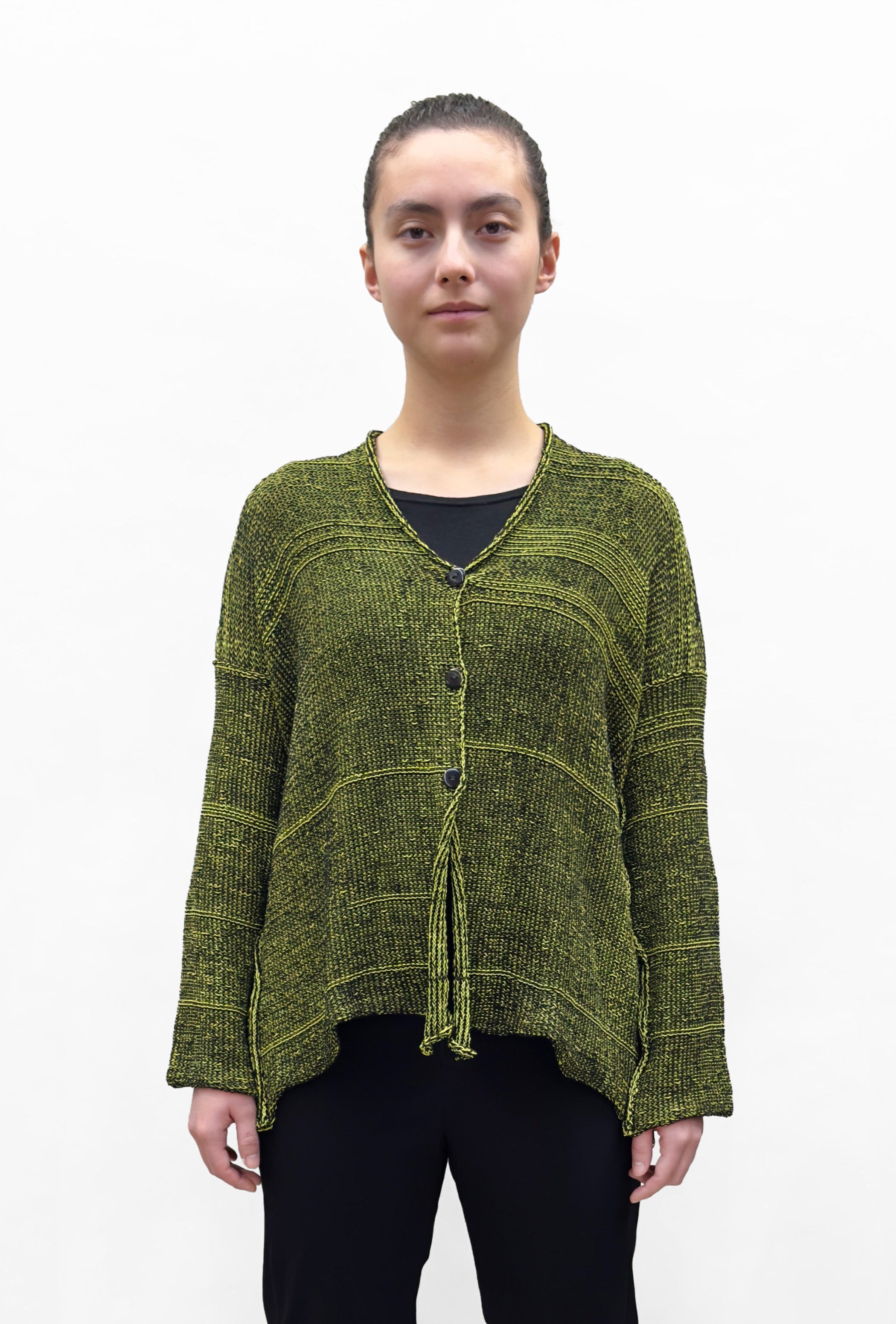 PAPER TEMPLES Boxy V Neck Cardigan - Black and Lime Green