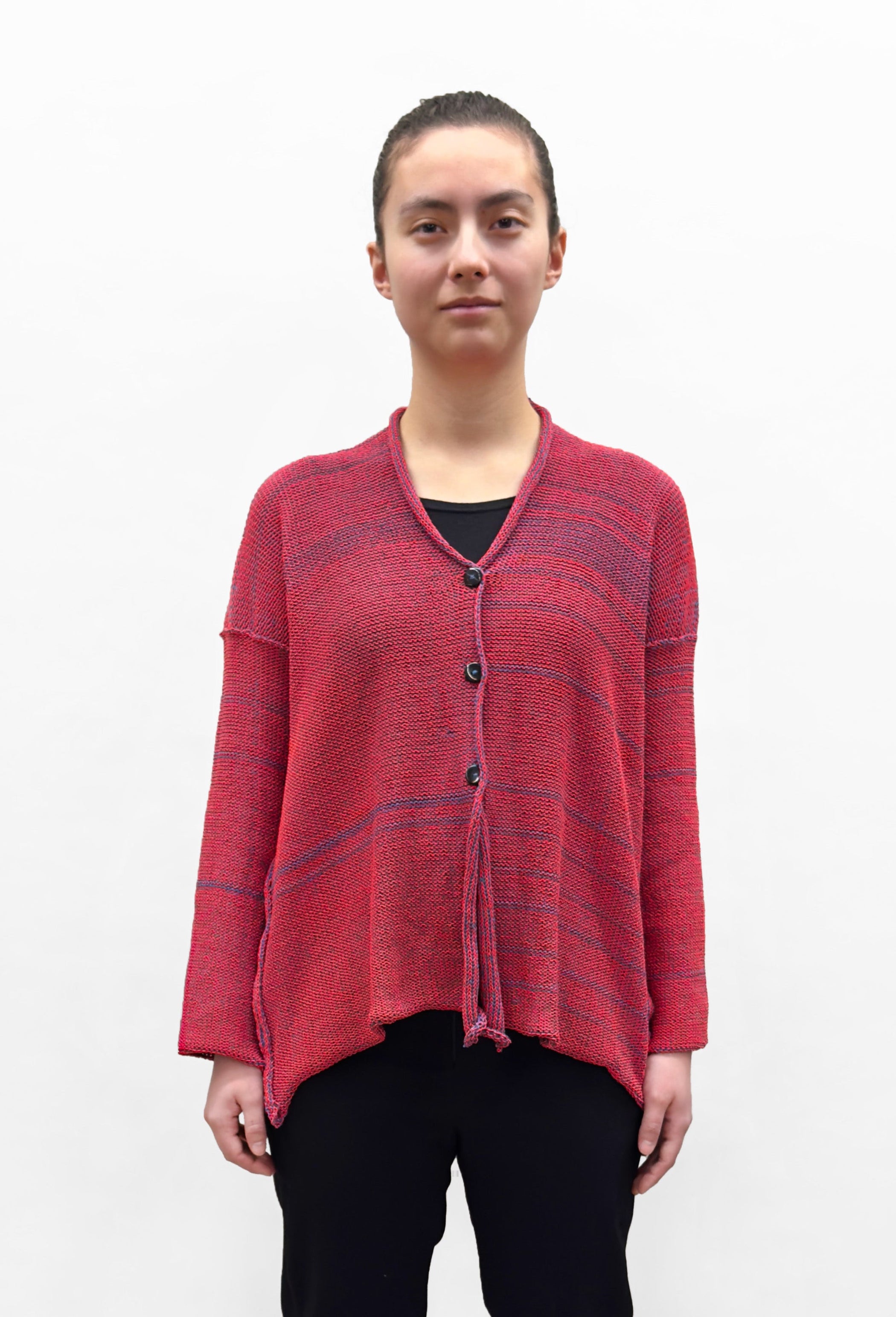 PAPER TEMPLES Boxy V Neck Cardigan - Blue and Blood Orange