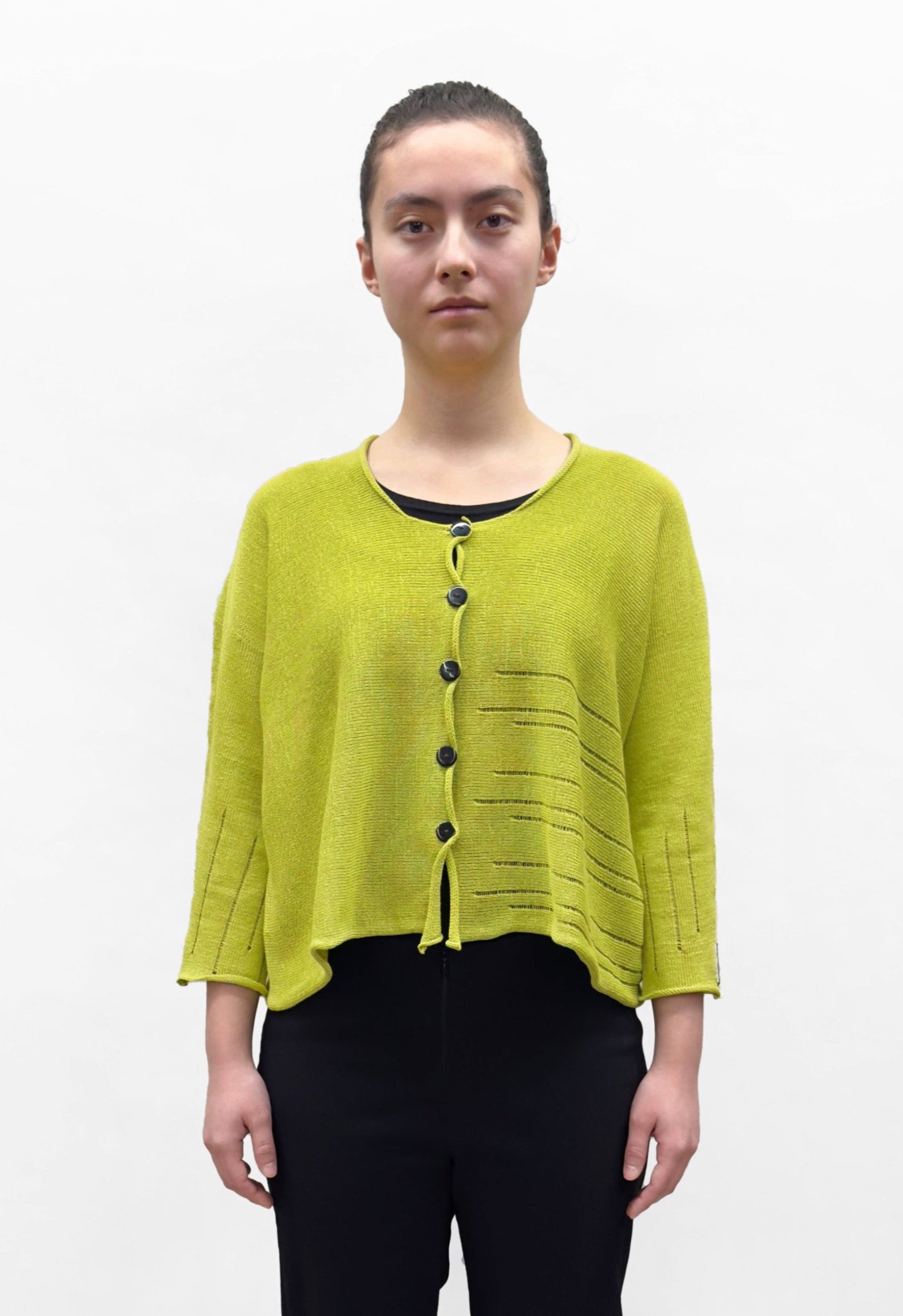 PAPER TEMPLES Cropped Ribbed Cardigan - Lime Green