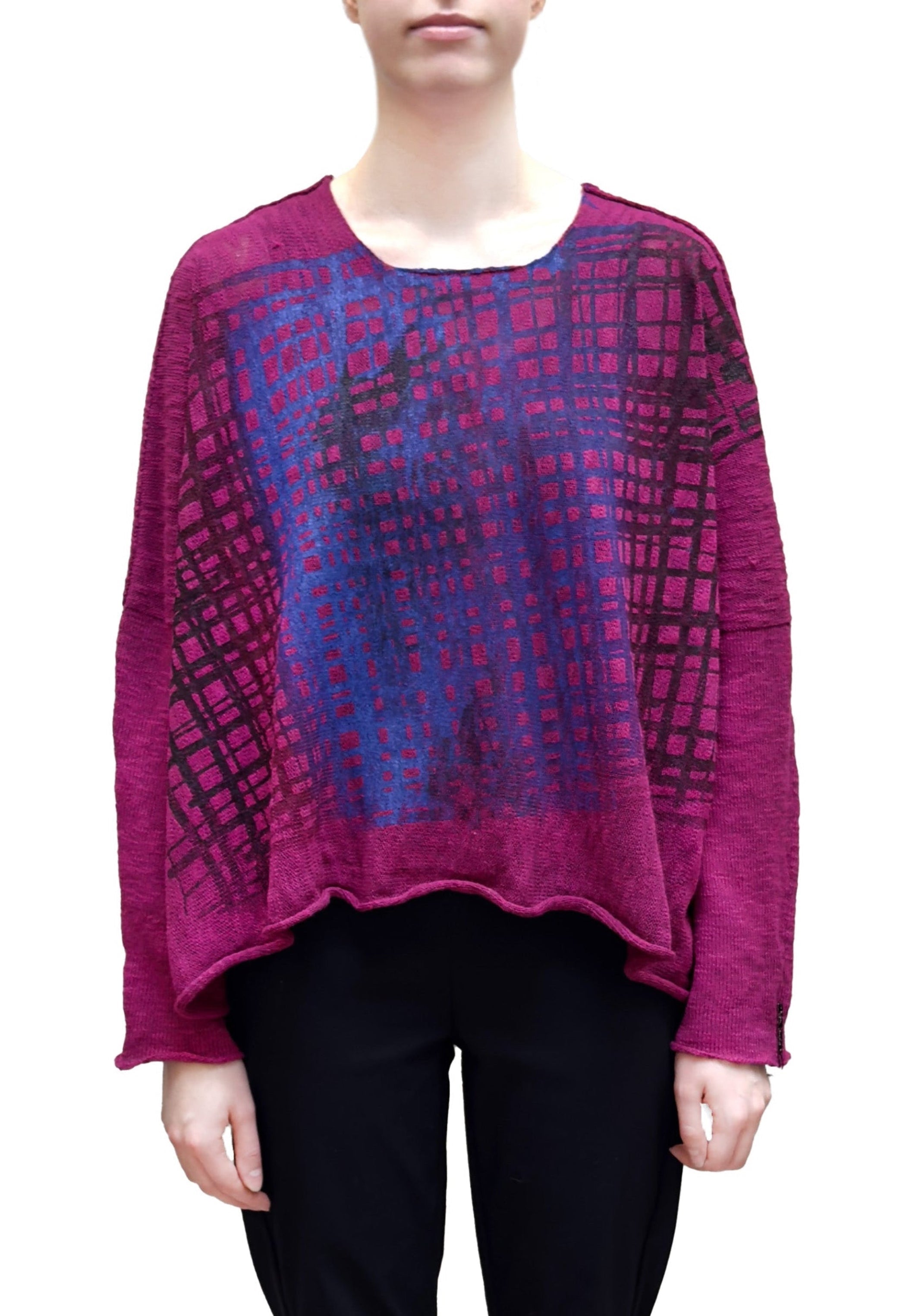PAPER TEMPLES Printed Cropped Boxy Sweater in Berry
