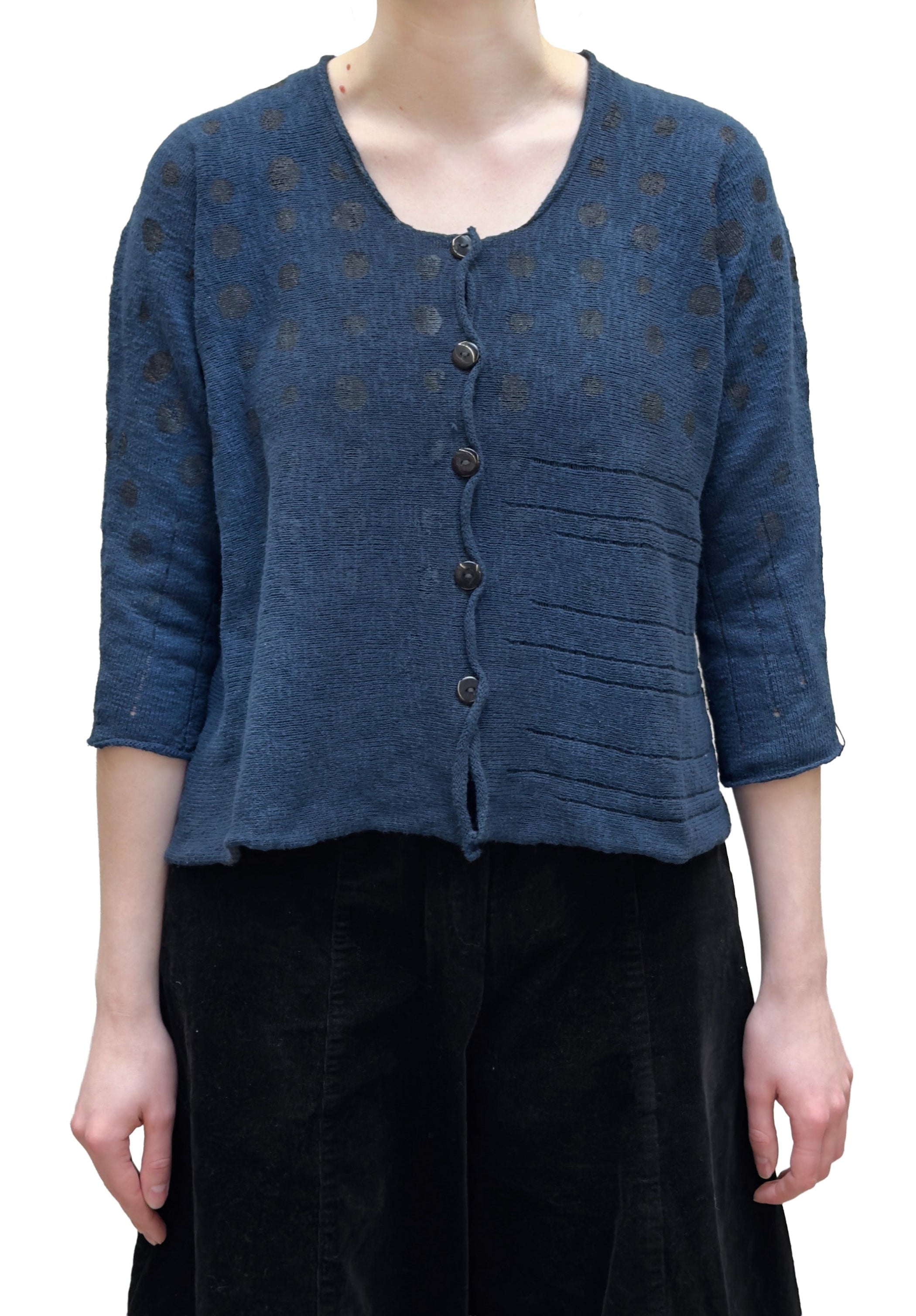 PAPER TEMPLES Cropped Dot Print Ribbed Cardigan In Peacock