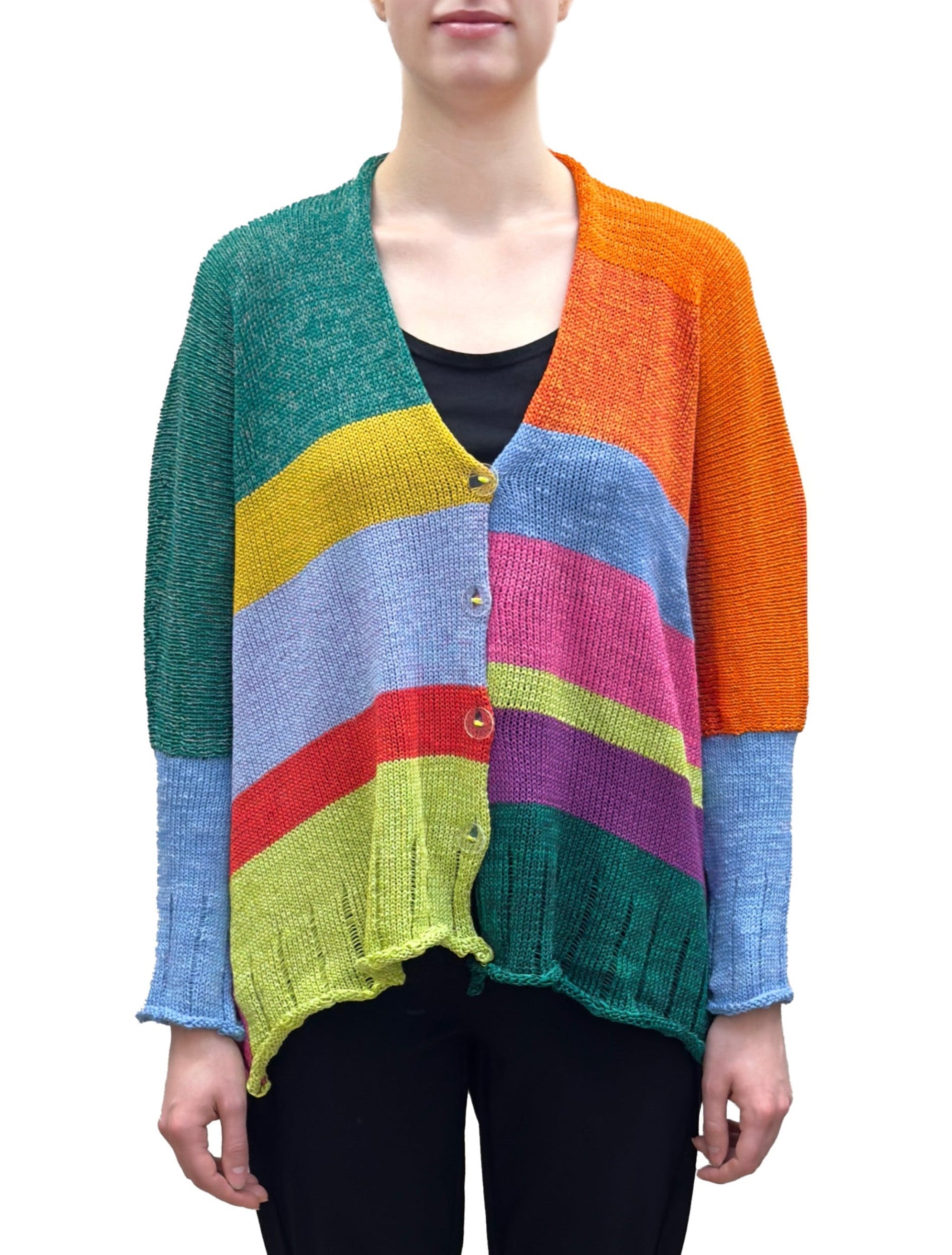 Paper Temples Colour Blocked Relaxed V-Neck Cardigan in Jungle Green Mix