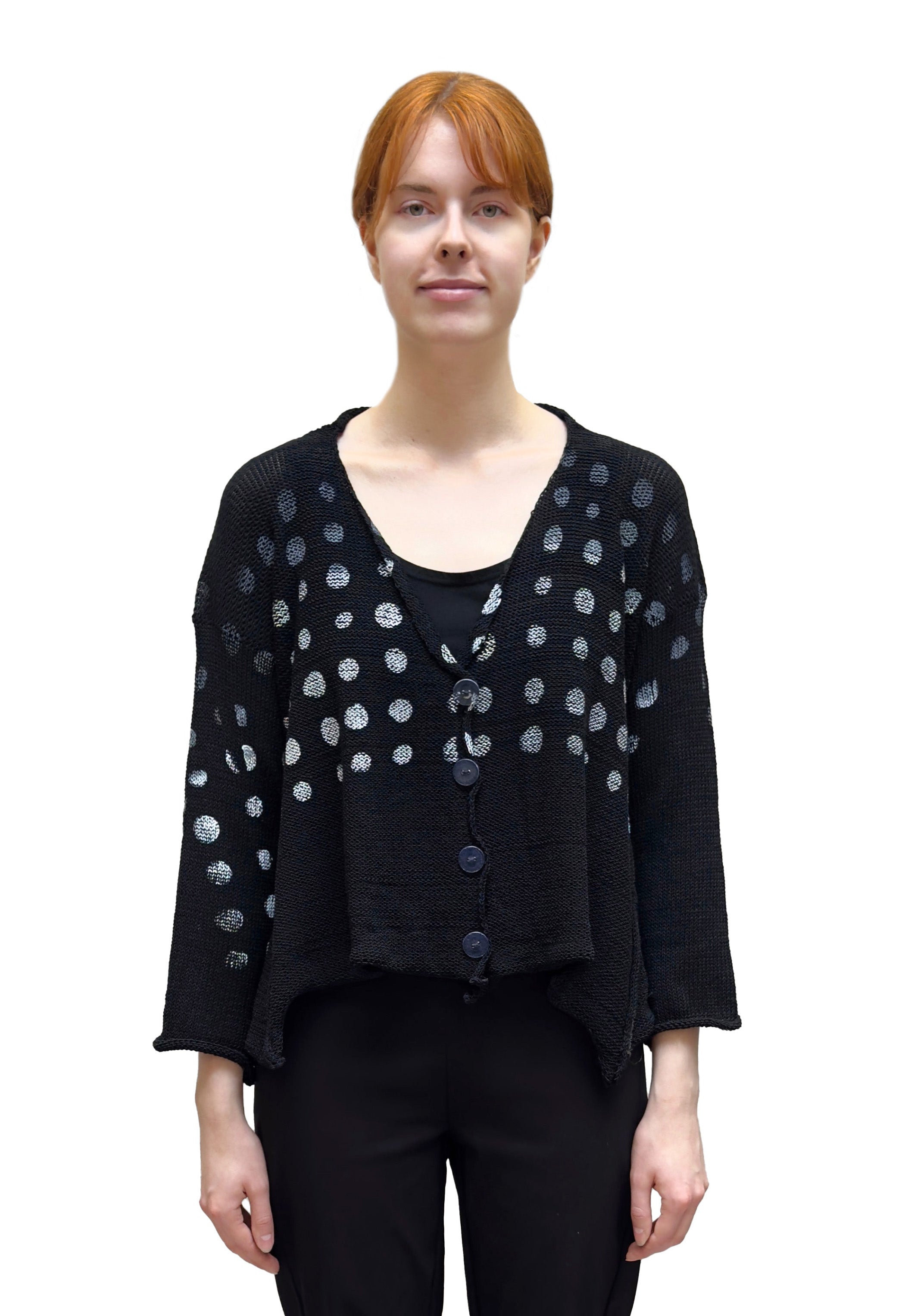PAPER TEMPLES Flared Cardigan in Black with Grey Ombre Circles