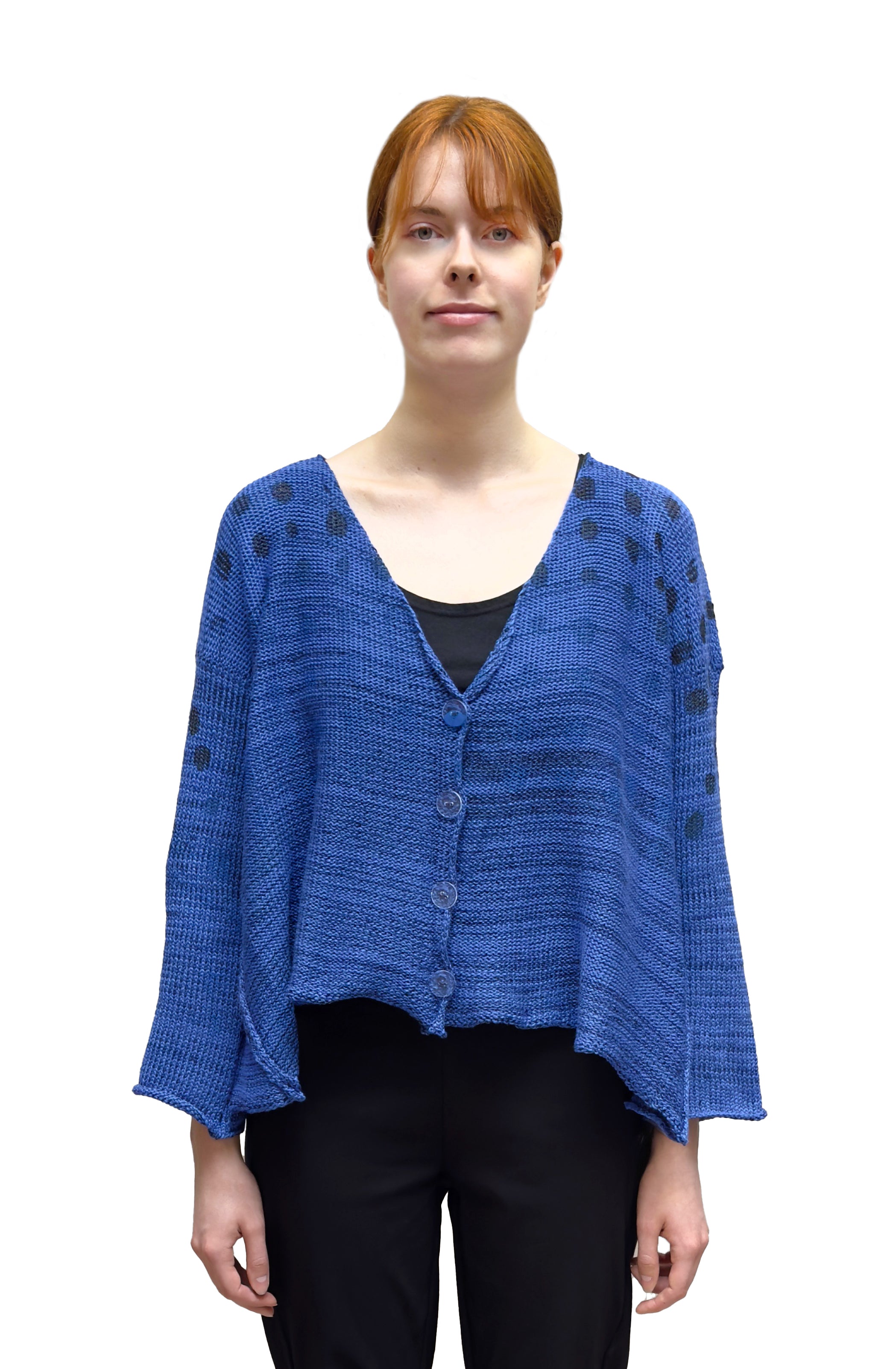 PAPER TEMPLES Flared Cardigan in Cobalt with Black Ombre Circles