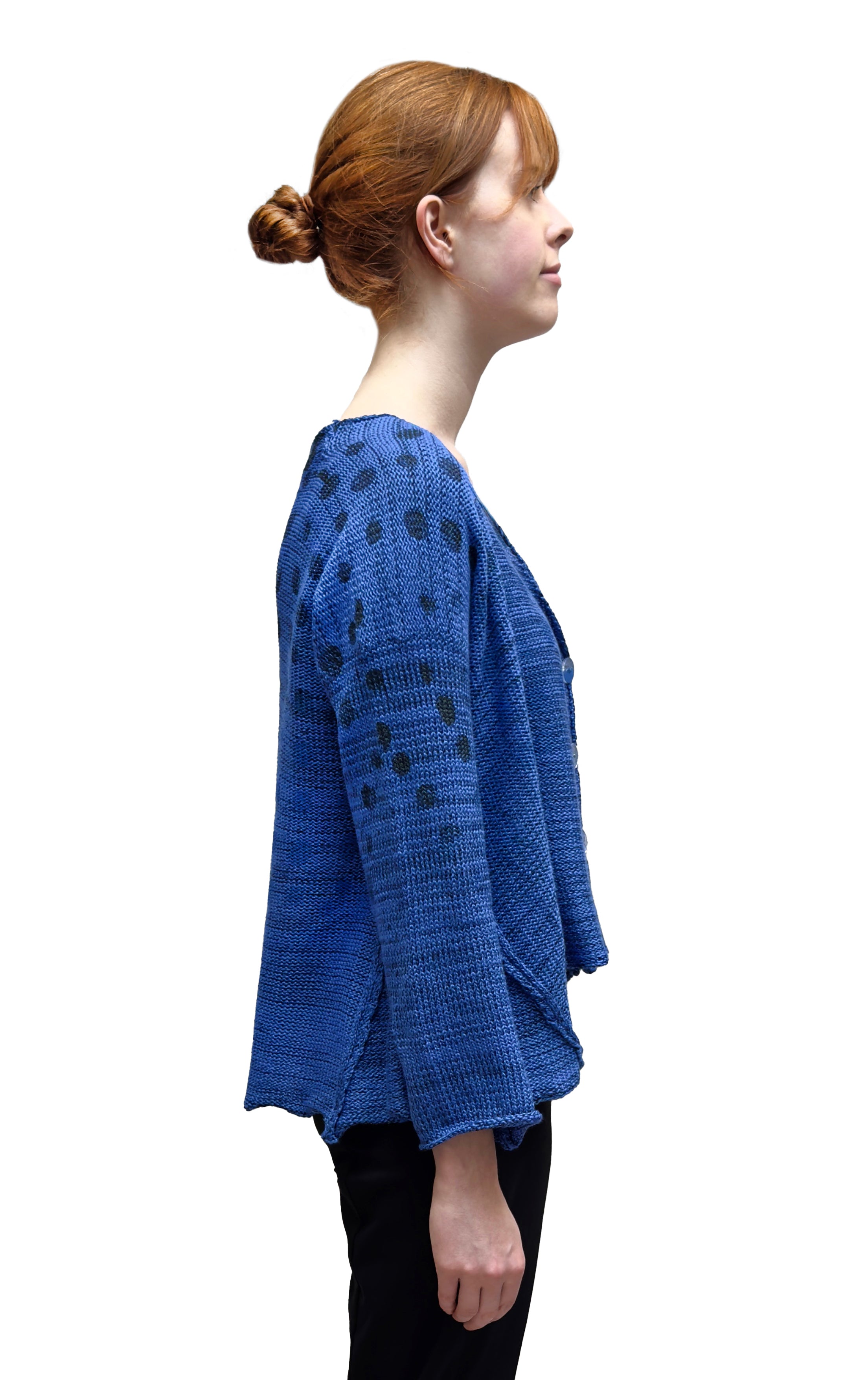 PAPER TEMPLES Flared Cardigan in Cobalt with Black Ombre Circles