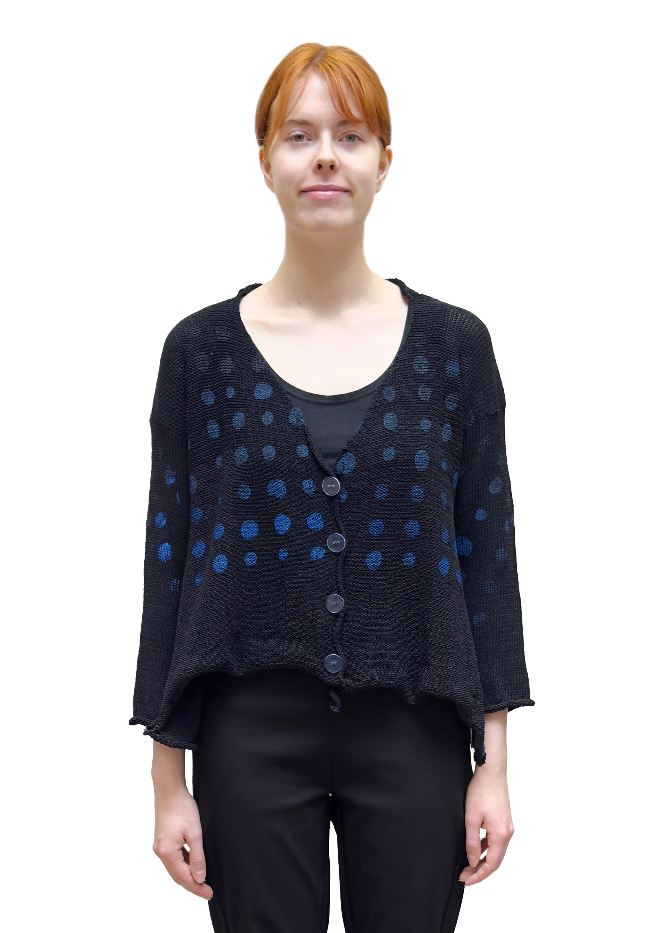 PAPER TEMPLES Flared Cardigan in Black with Cobalt Ombre Circles