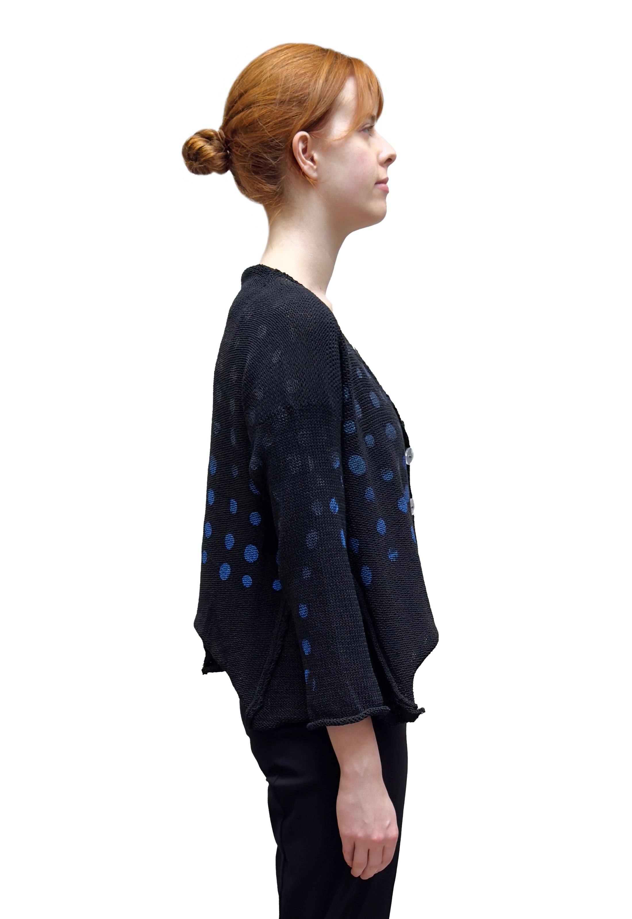 PAPER TEMPLES Flared Cardigan in Black with Cobalt Ombre Circles