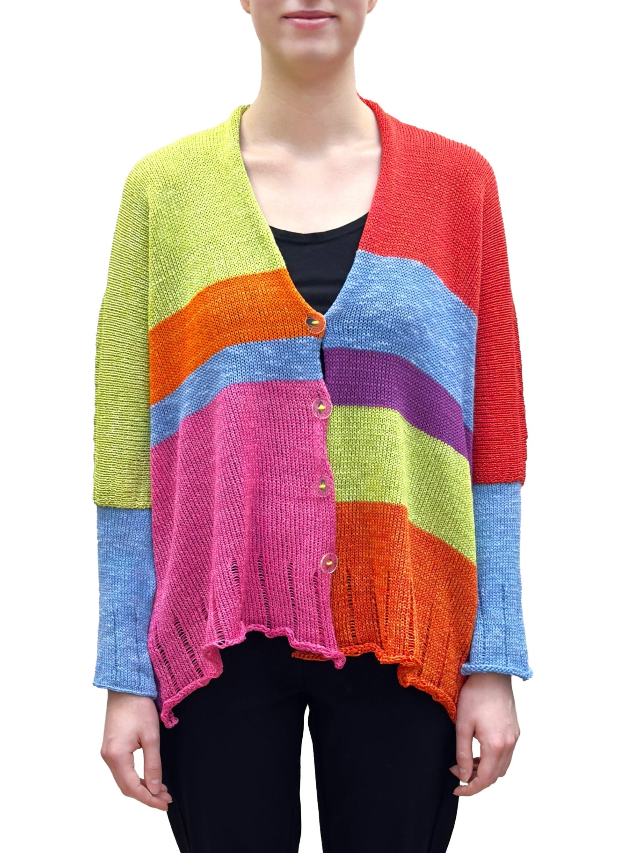 Paper Temples Colour Blocked Relaxed V-Neck Cardigan in Lime Green Mix