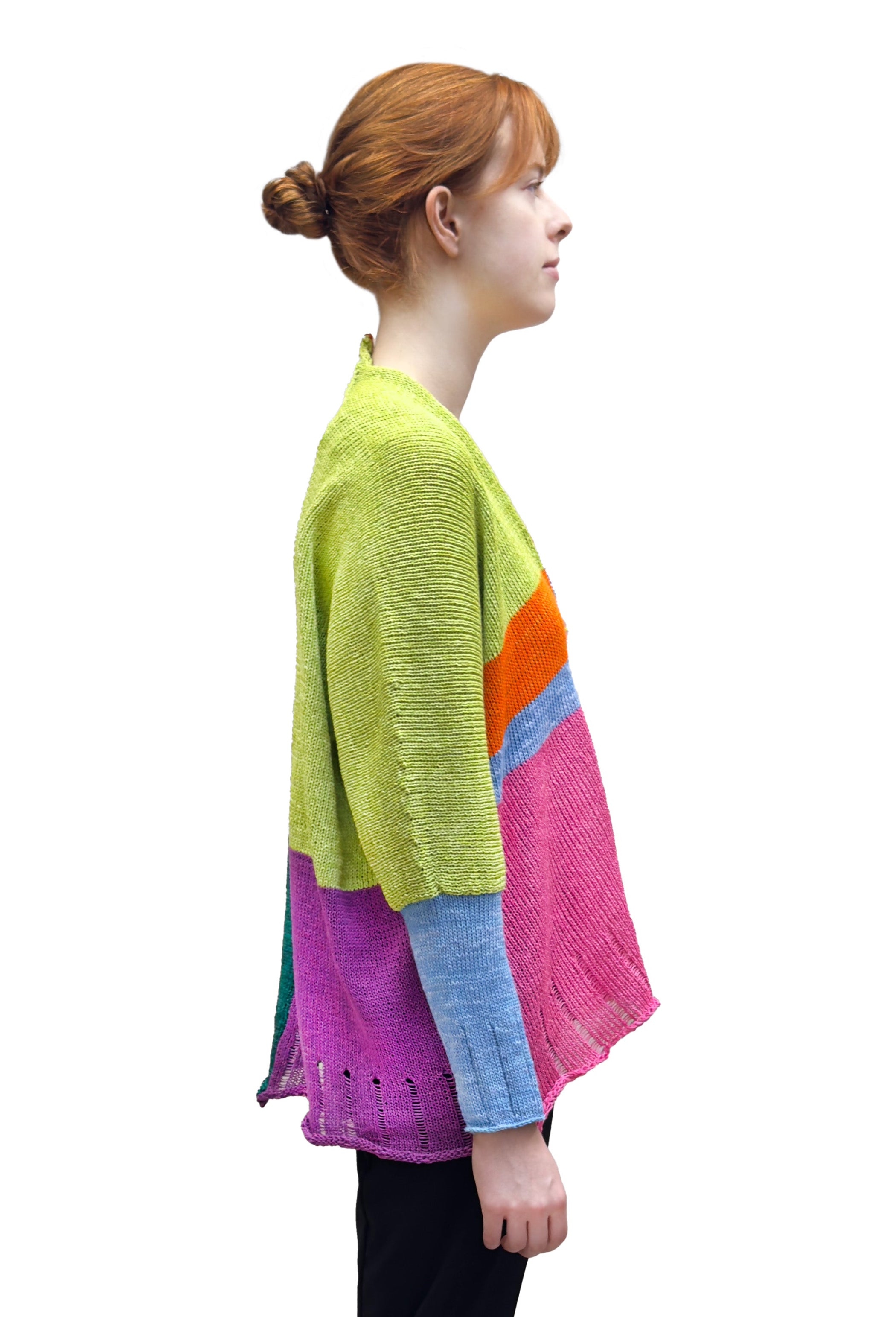 Paper Temples Colour Blocked Relaxed V-Neck Cardigan in Lime Green Mix