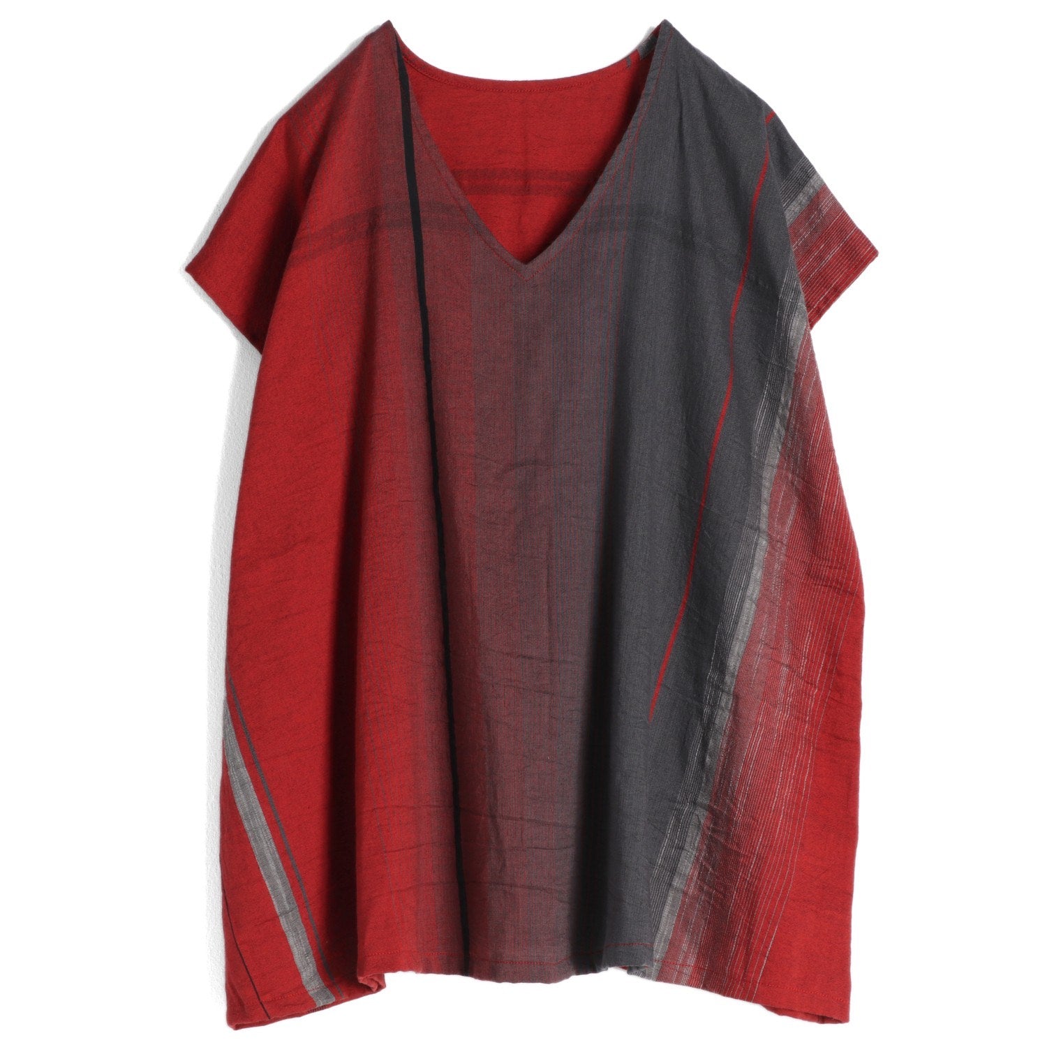 Tamaki Niime Striped V Neck Cap Sleeve Flared Top - Red Feather