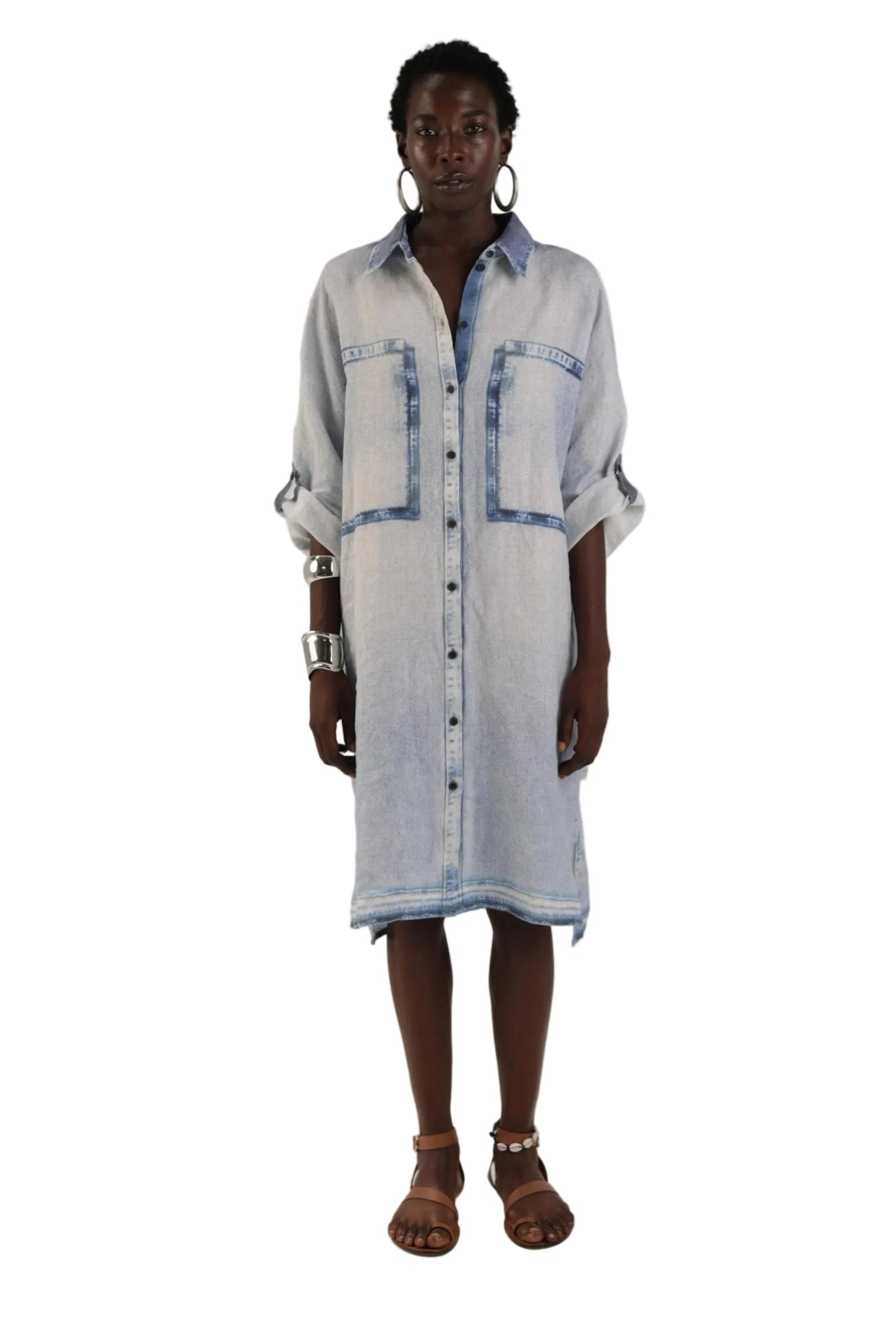 ELEMENTE CLEMENTE Dolman Sleeve Linen Dress in Bleach Denim Print