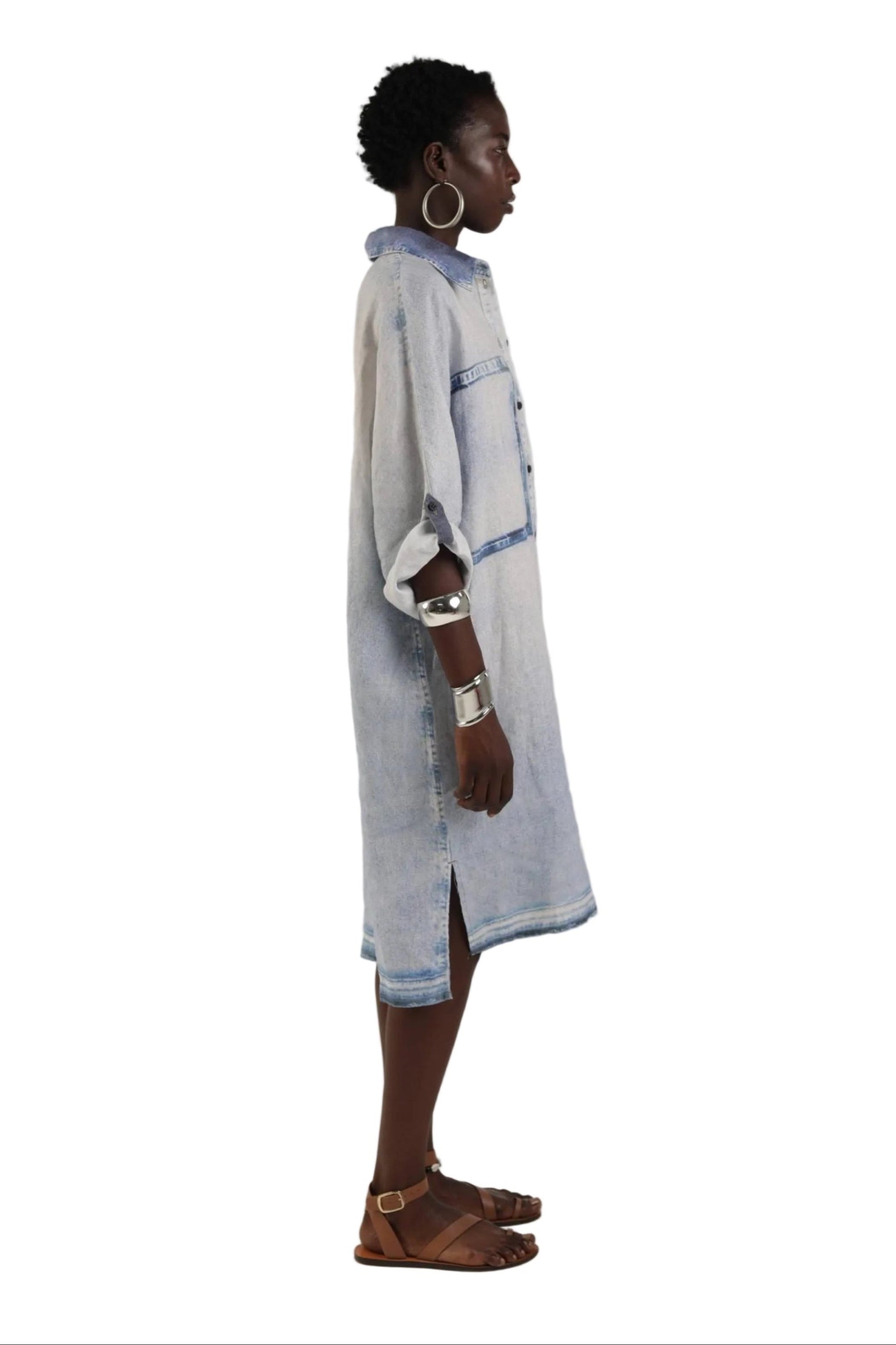 ELEMENTE CLEMENTE Dolman Sleeve Linen Dress in Bleach Denim Print
