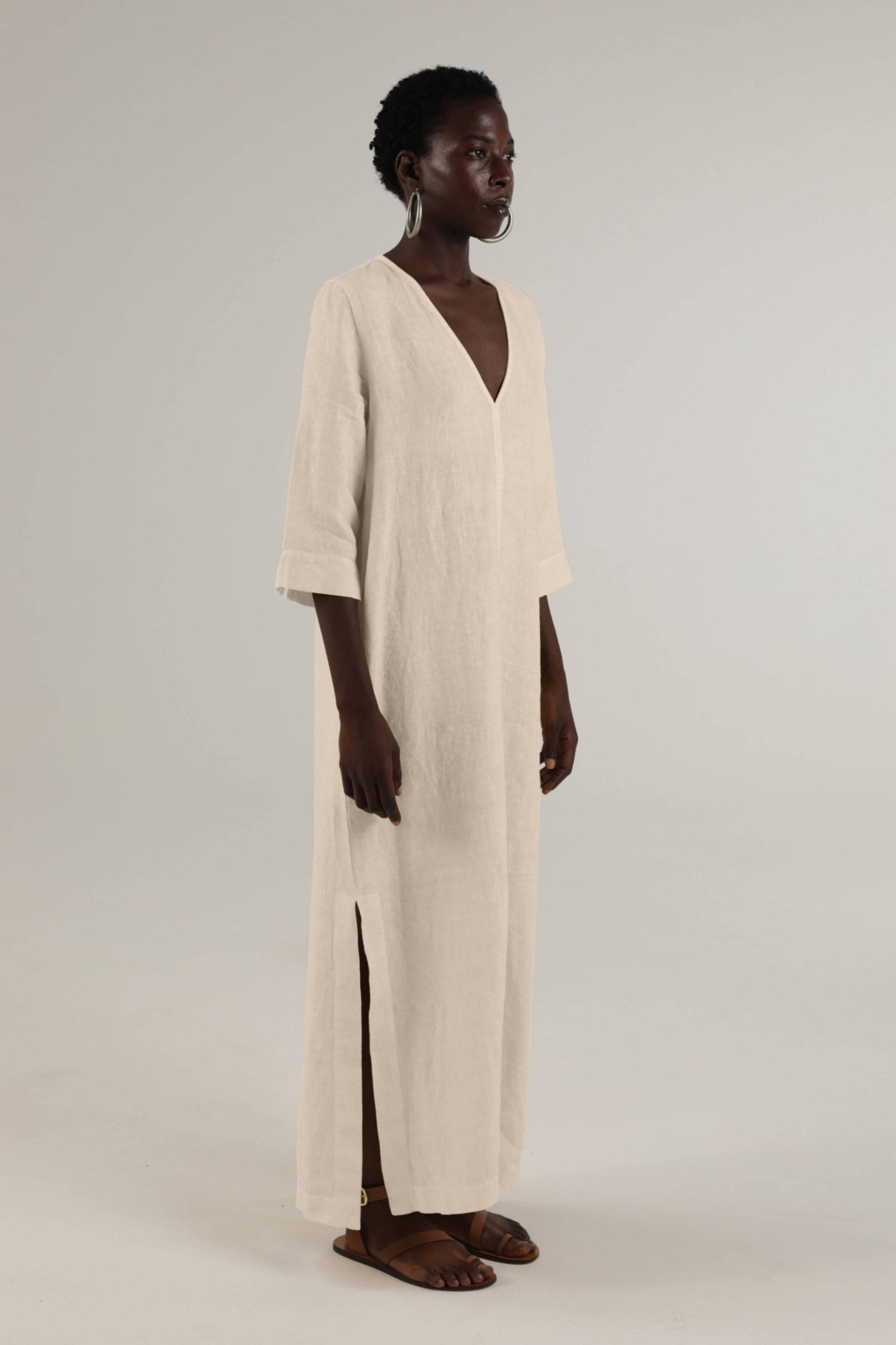 Elemente Clemente Long Linen Dress with Slits in Spring Green