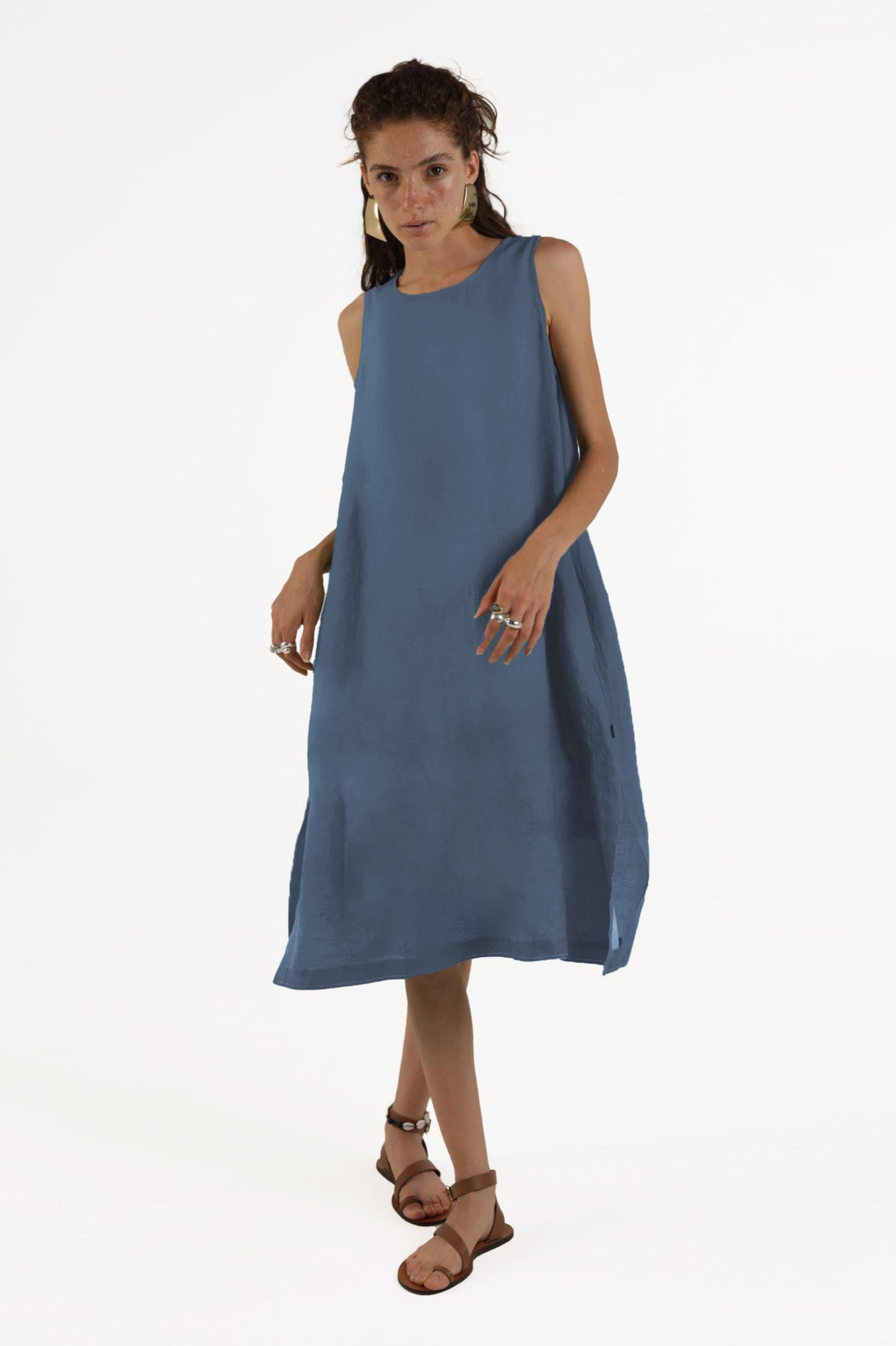ELEMENTE CLEMENTE Linen Pocketed A-line Dress in Eve Blue