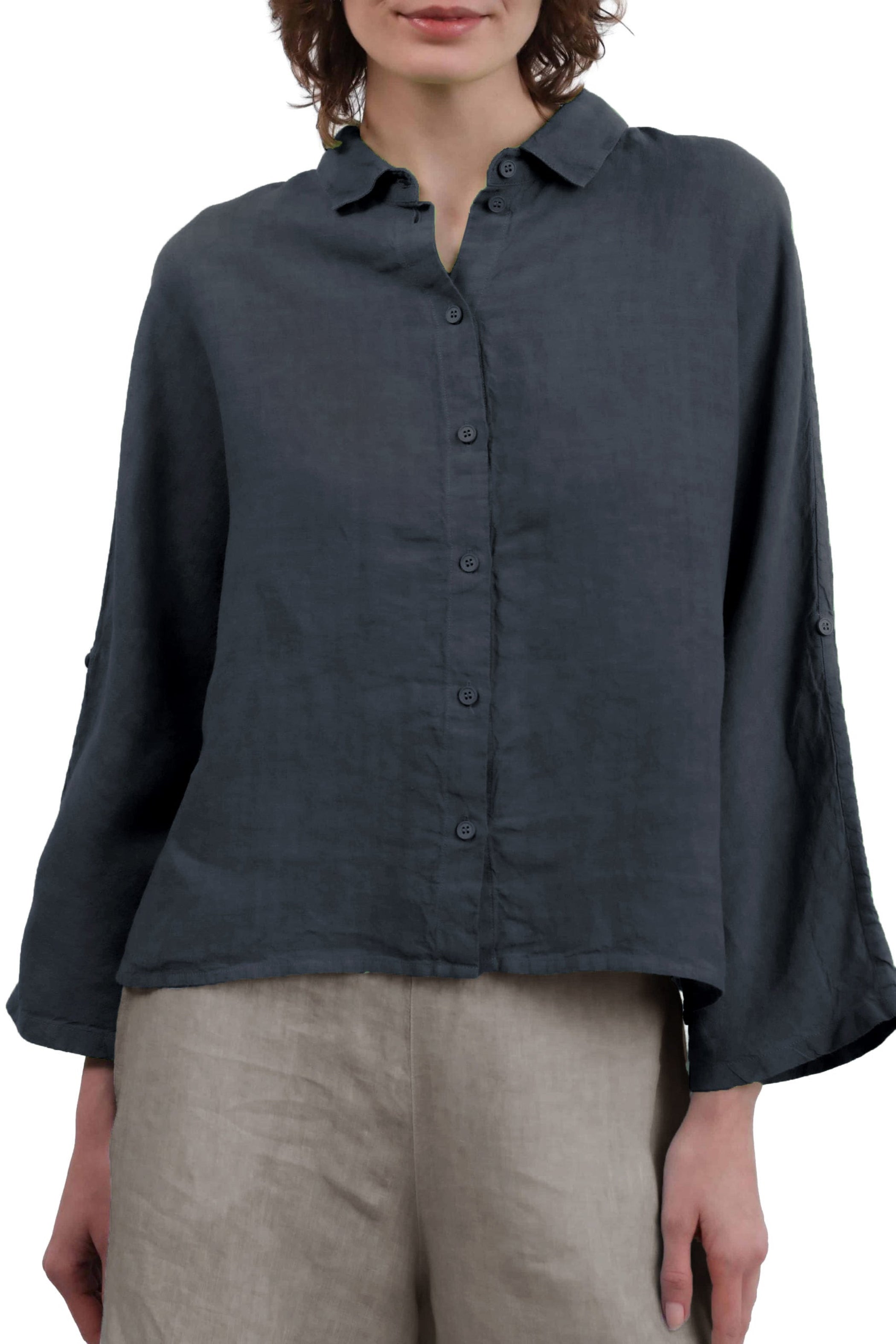 ELEMENTE CLEMENTE Dolman Sleeve Hanky Linen Blouse in Dark Night