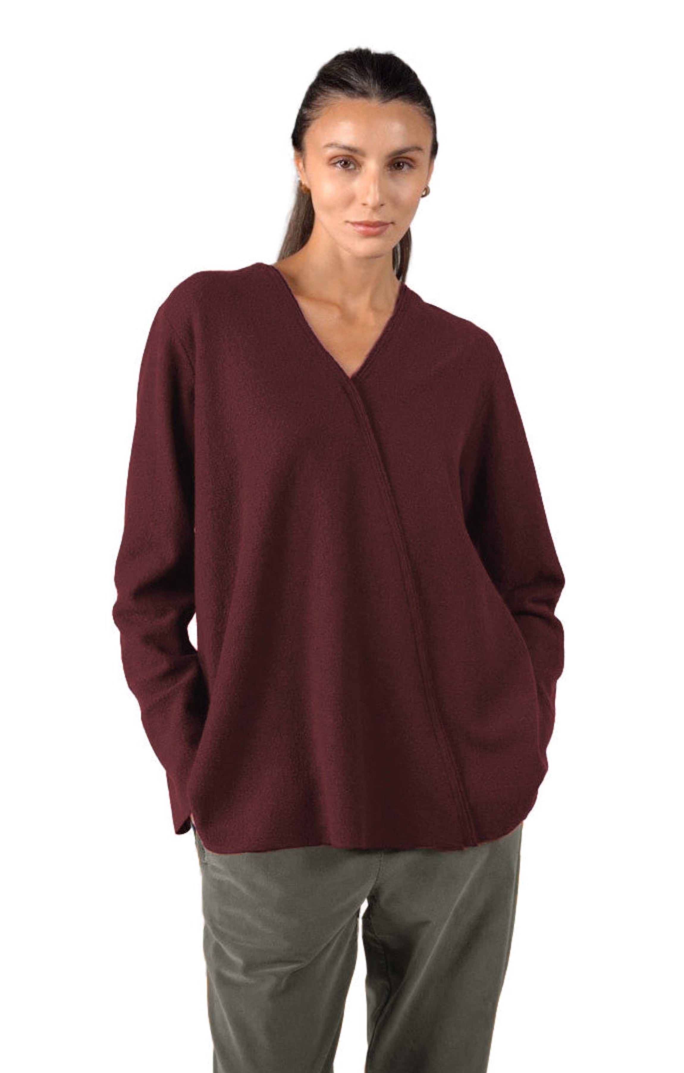 ELEMENTE CLEMENTE Boiled Wool V Neck Pullover in Garnet