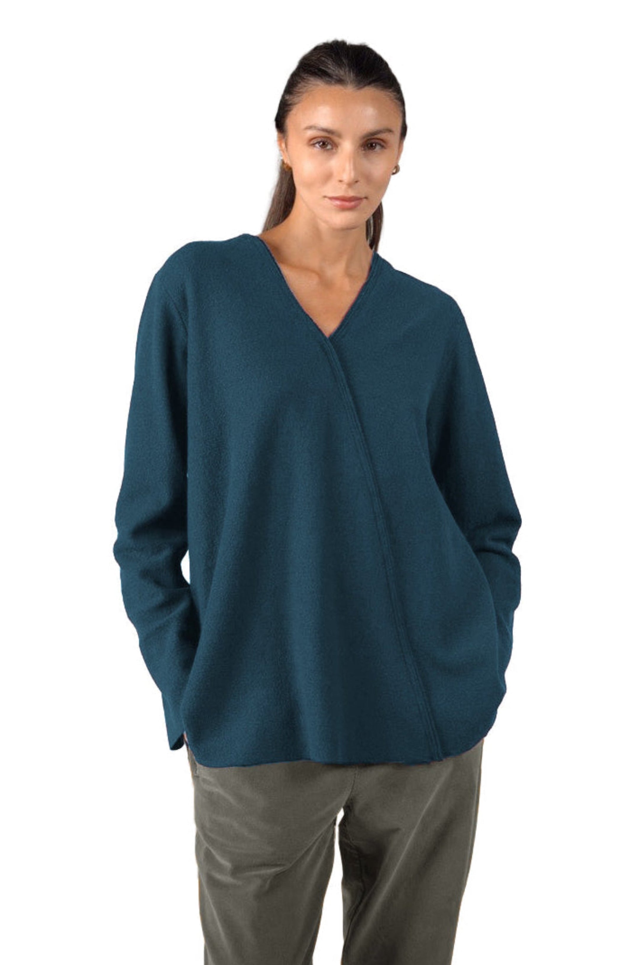 ELEMENTE CLEMENTE Boiled Wool V Neck Pullover in Petrole