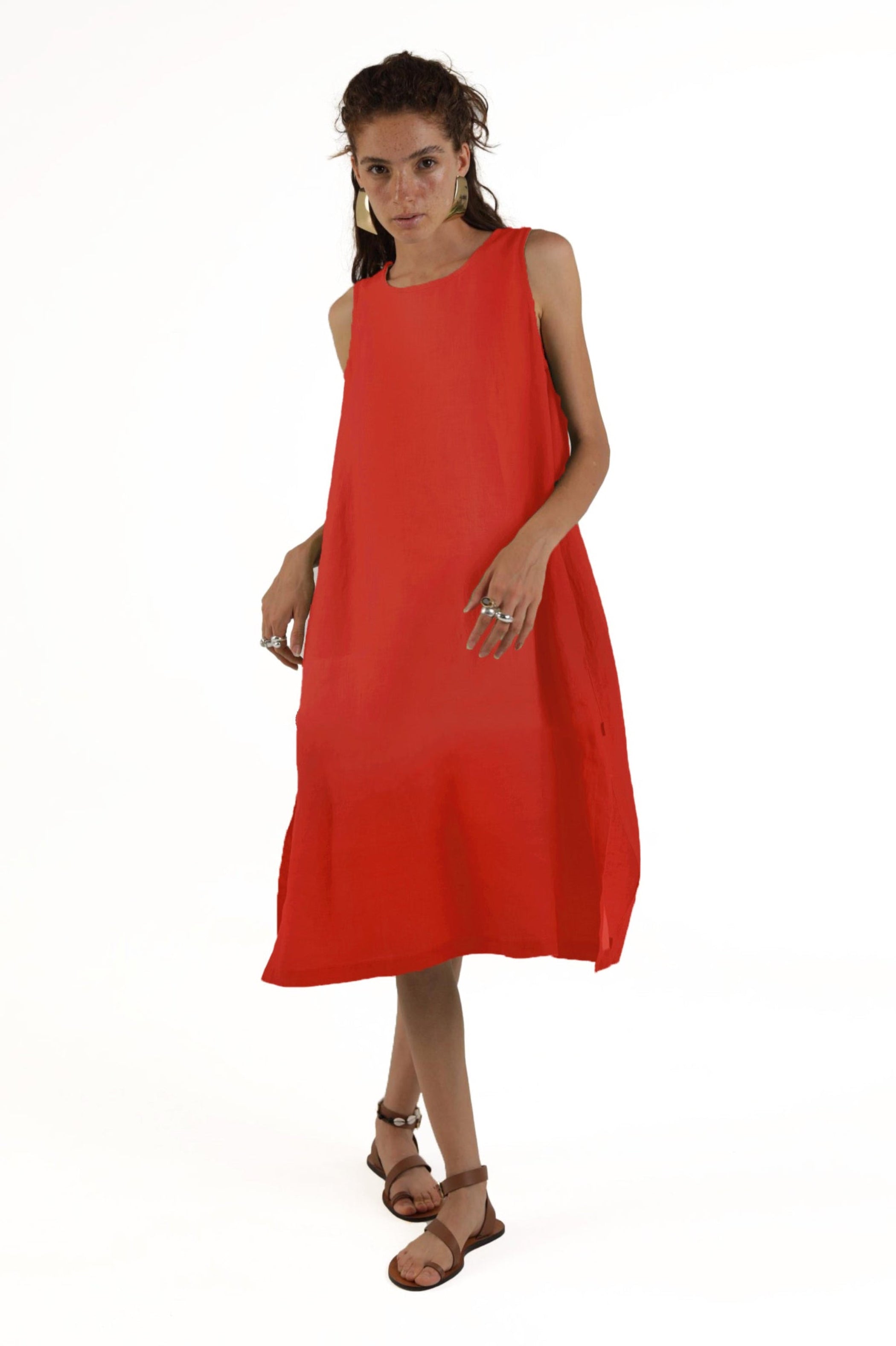 ELEMENTE CLEMENTE Linen Pocketed A-line Dress in Bright Red