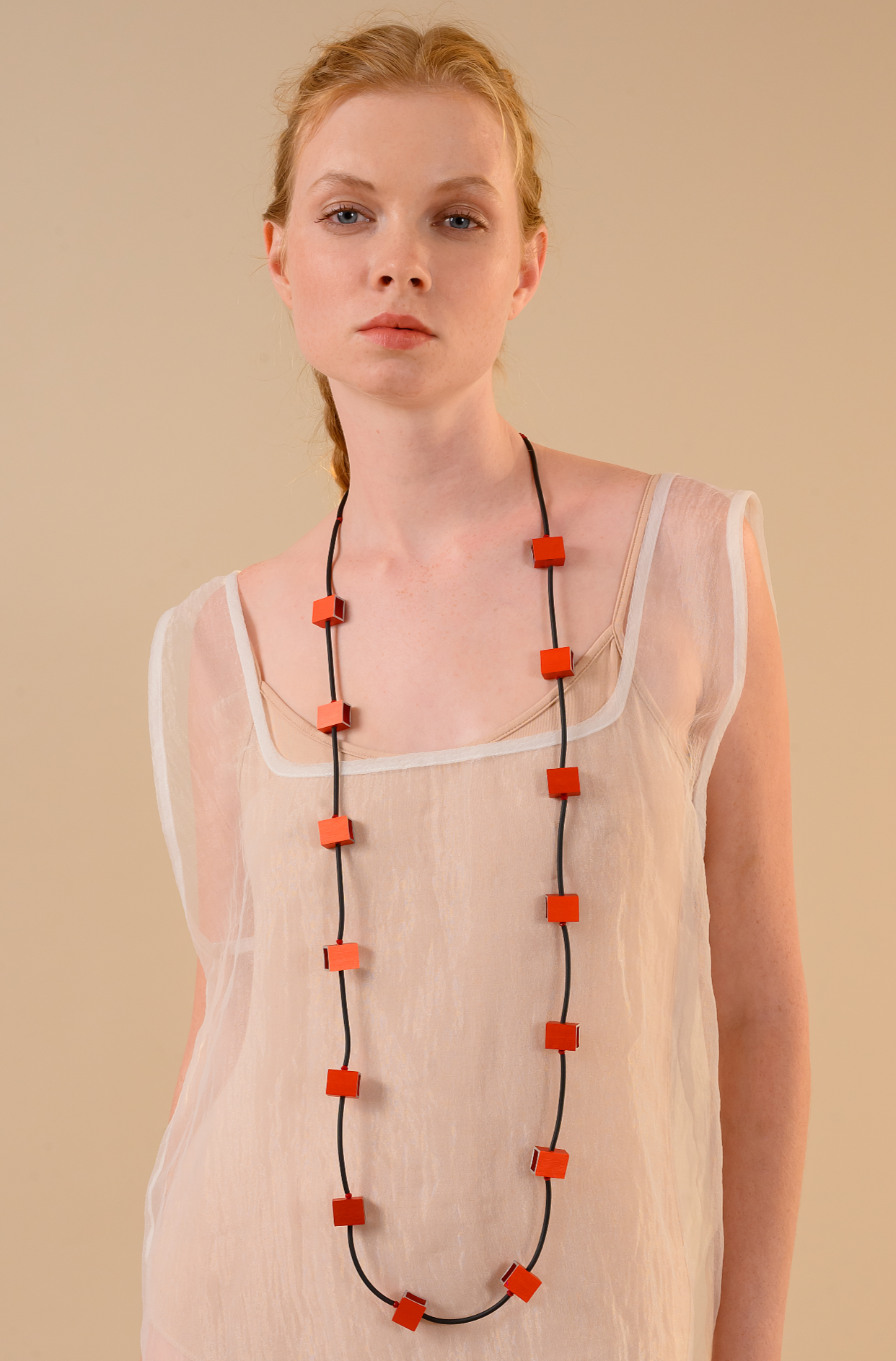 CHRISTINA BRAMPTI Long Rubber Necklace with Aluminum Beads - Orange and Black