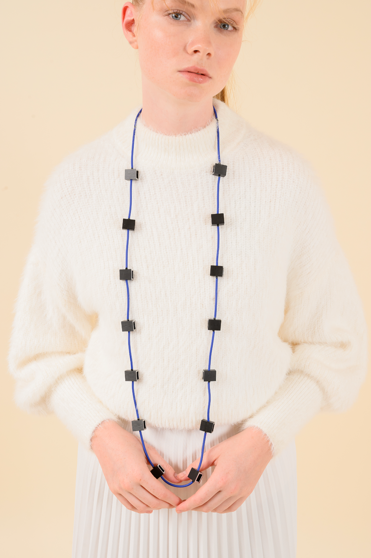 CHRISTINA BRAMPTI Long Rubber Necklace with Aluminum Beads - Blue and Black