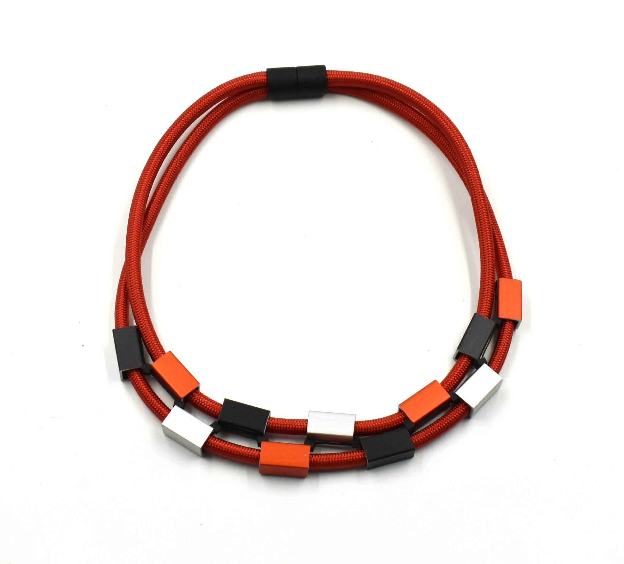 CHRISTINA BRAMPTI Double Cord Collar with Aluminum Beads - Black,Silver and Tangerine