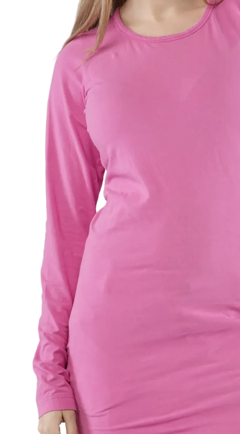Women's extra long length round neck, long sleeve cotton tee from Black Label. In colour Lily. Detail view. 