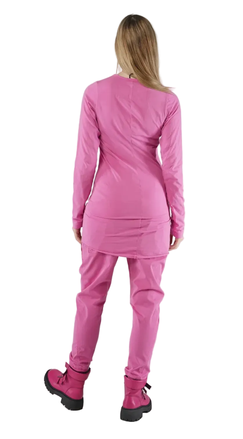 Women's extra long length round neck, long sleeve cotton tee from Black Label. In colour Lily. Back view.