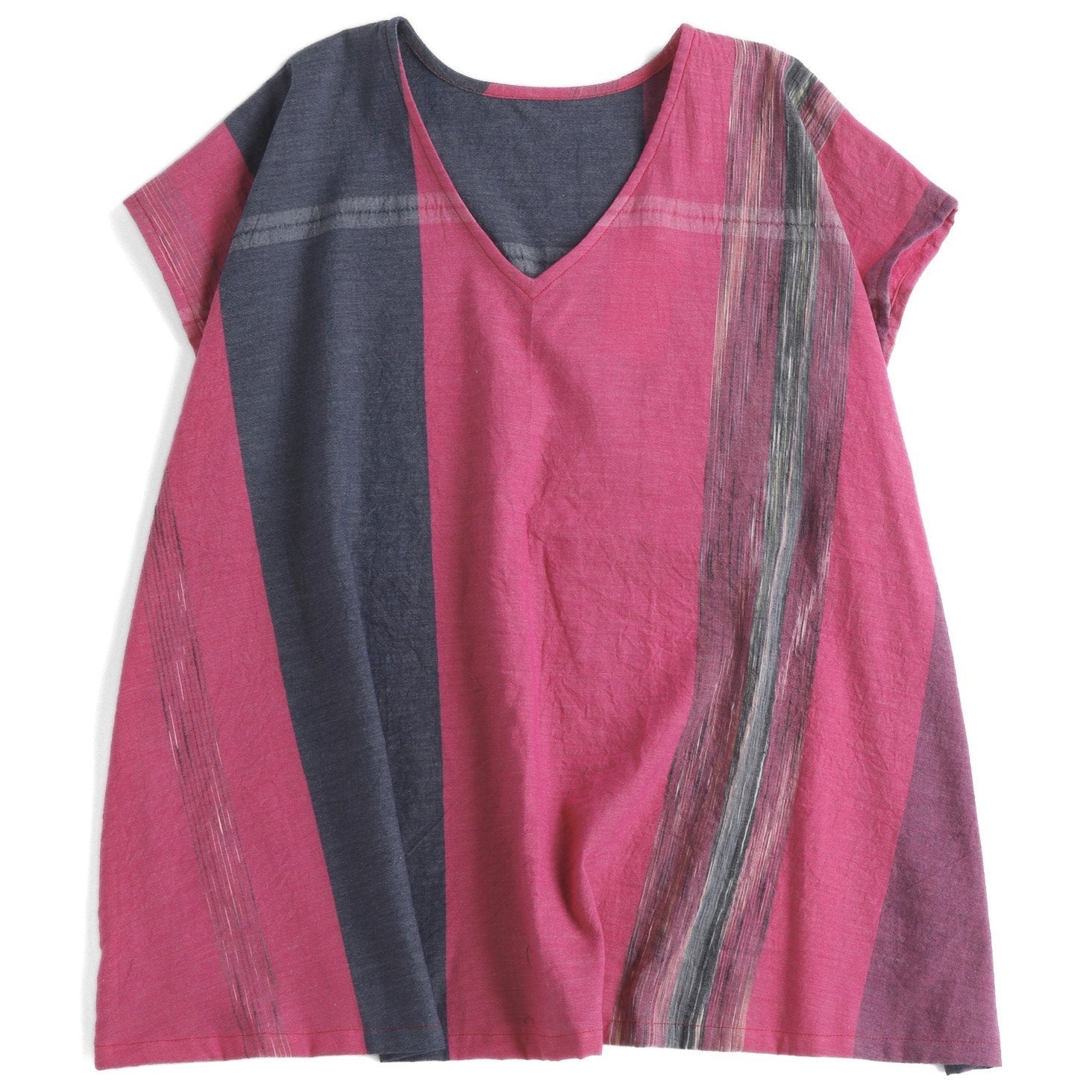 Tamaki Niime Striped V Neck Cap Sleeve Flared Top - Sleeping Beauty