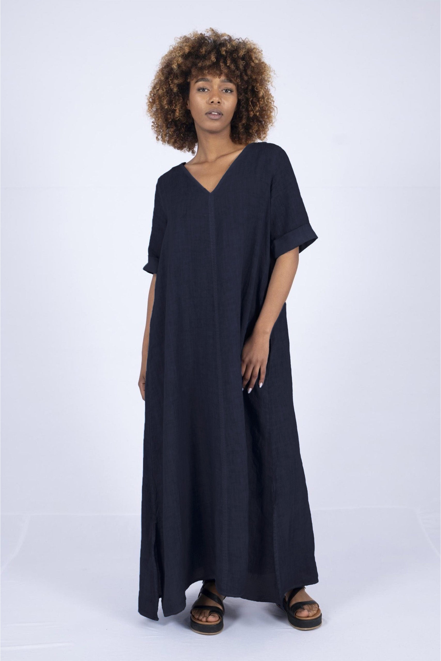 ELEMENTE CLEMENTE V-Neck Linen Dress in Deep Night