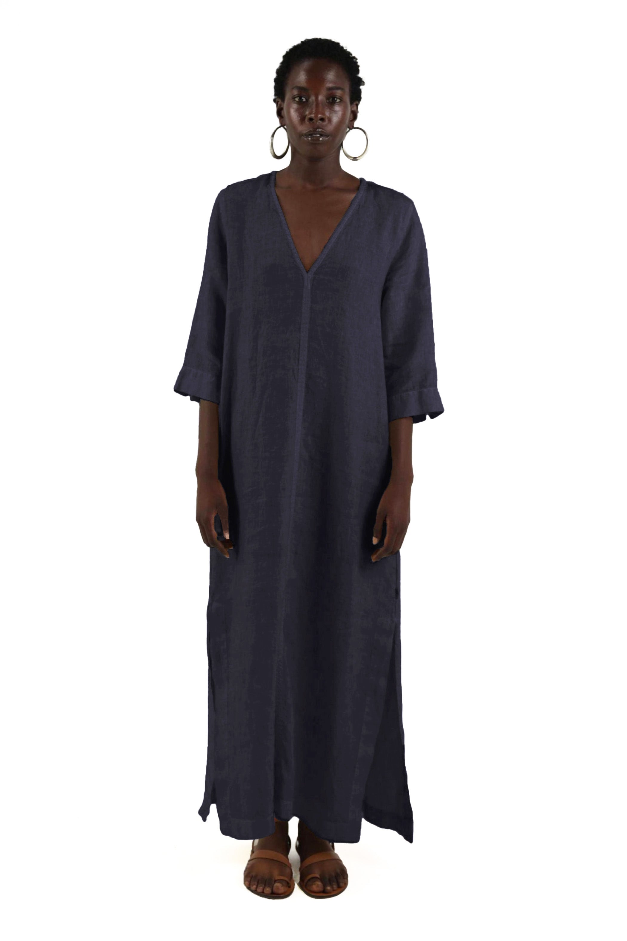 Elemente Clemente Long Linen Dress with Slits in Deep Night