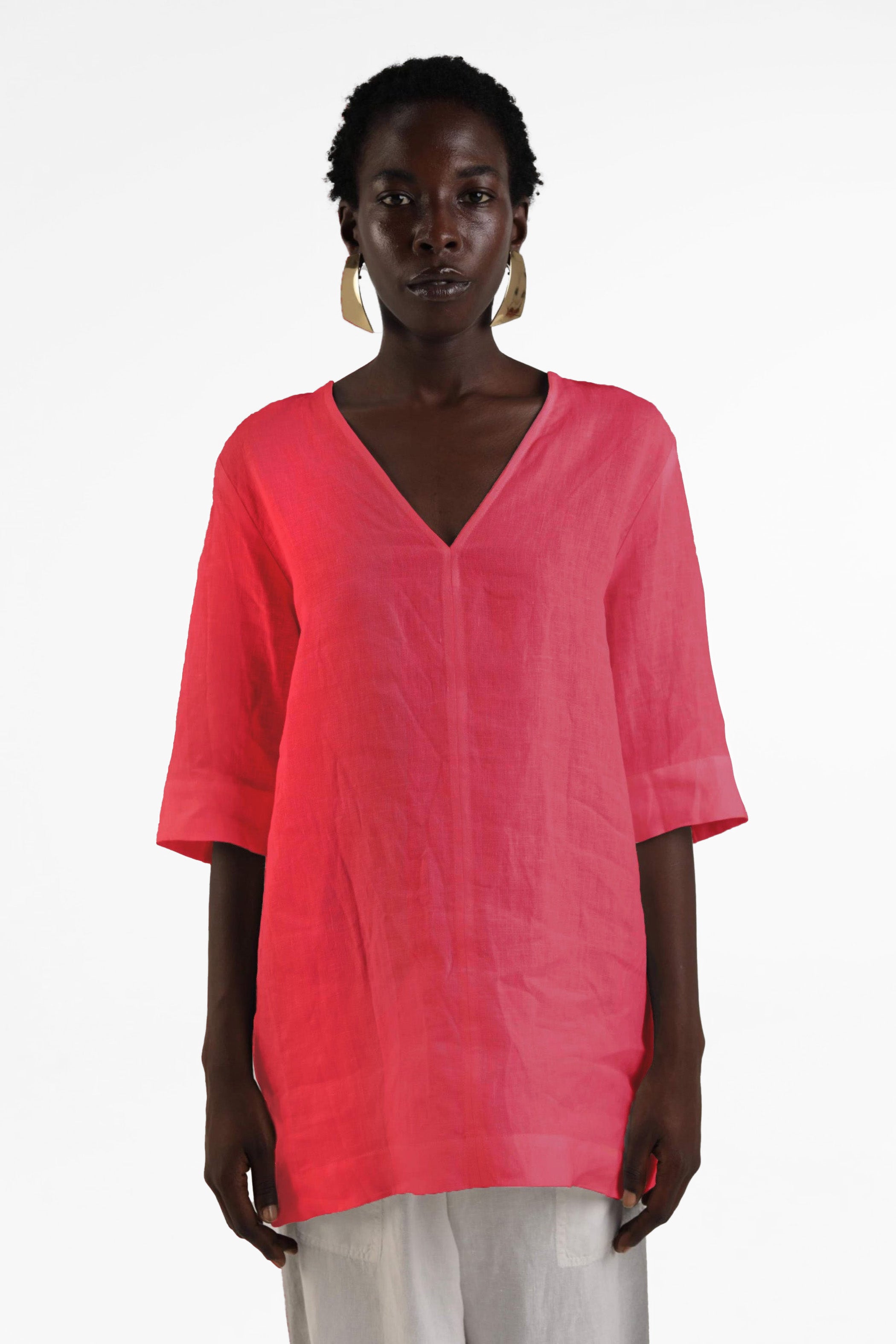 Elemente Clemente Linen V Neck Shirt in Laser Pink