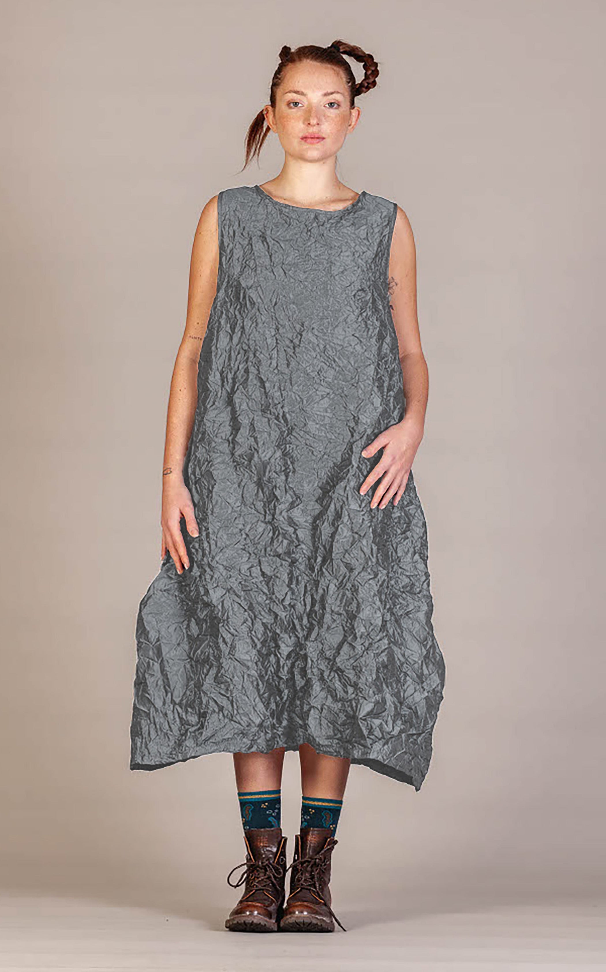 MAMA B Long Crinkled Sleeveless Dress in Gunmetal