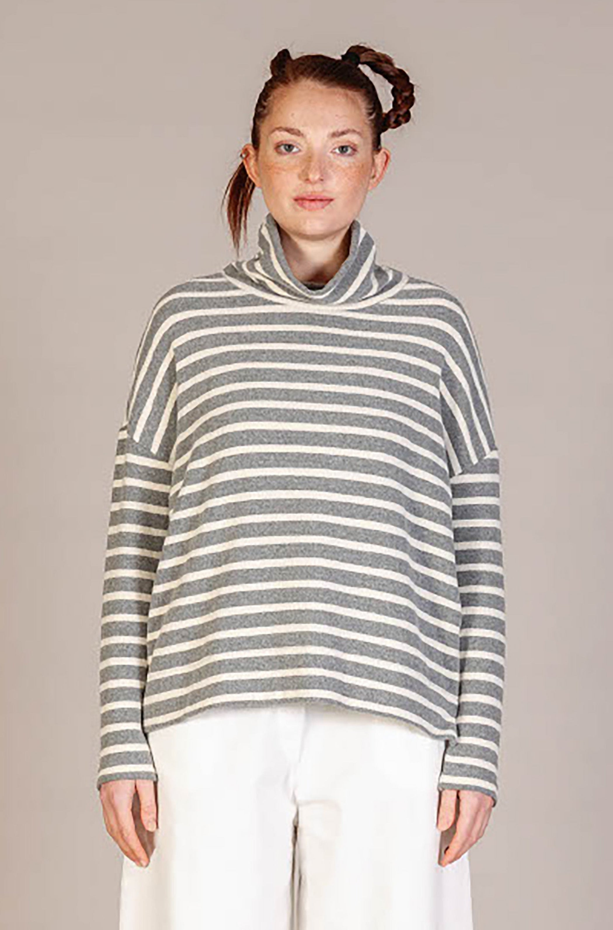 MAMA B Cozy Knit Turtleneck Striped Pullover in Latte