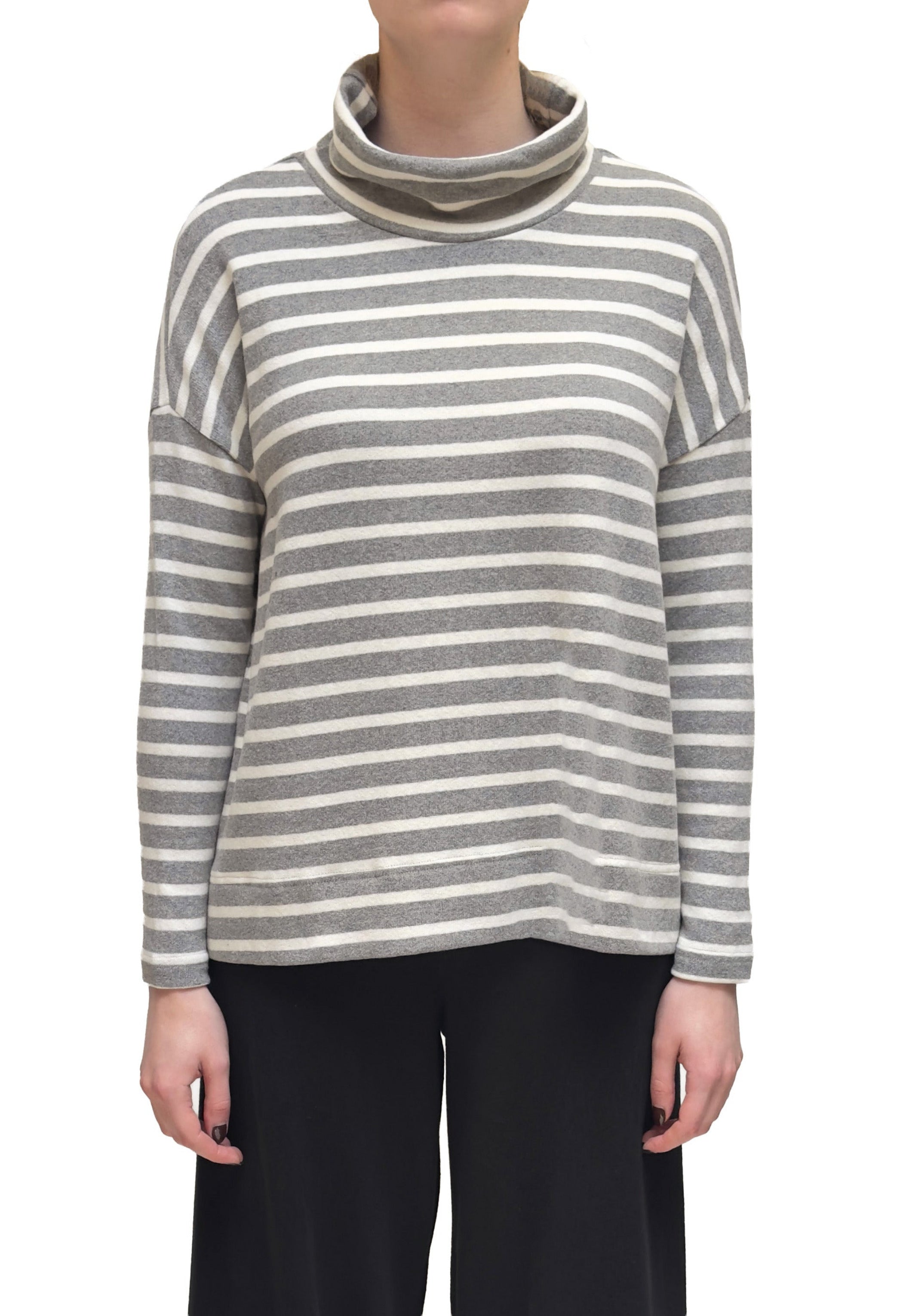 MAMA B Cozy Knit Turtleneck Striped Pullover in Latte