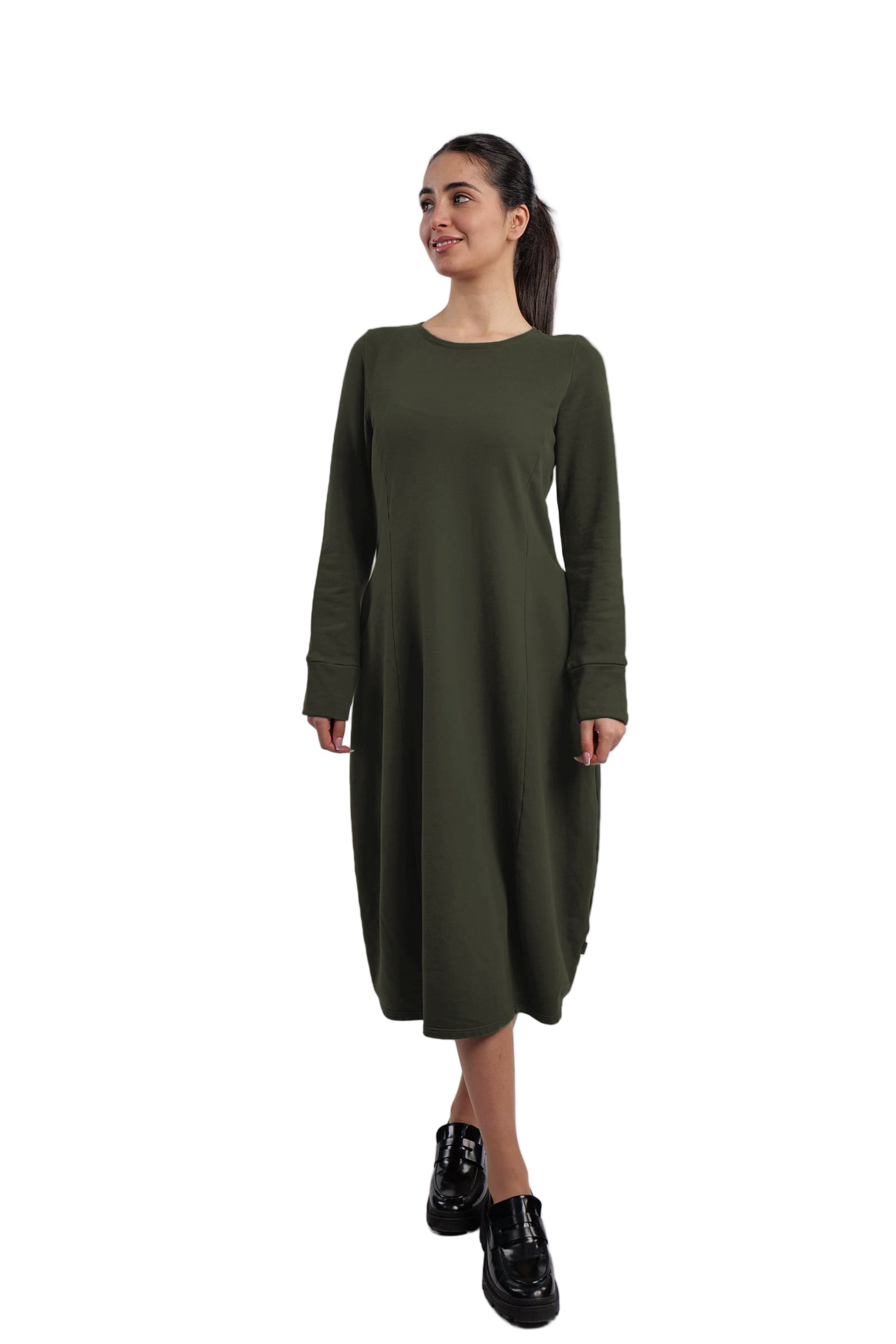 ELEMENTE CLEMENTE Organic Cotton French Terry Bubble Dress in Dark Emerald