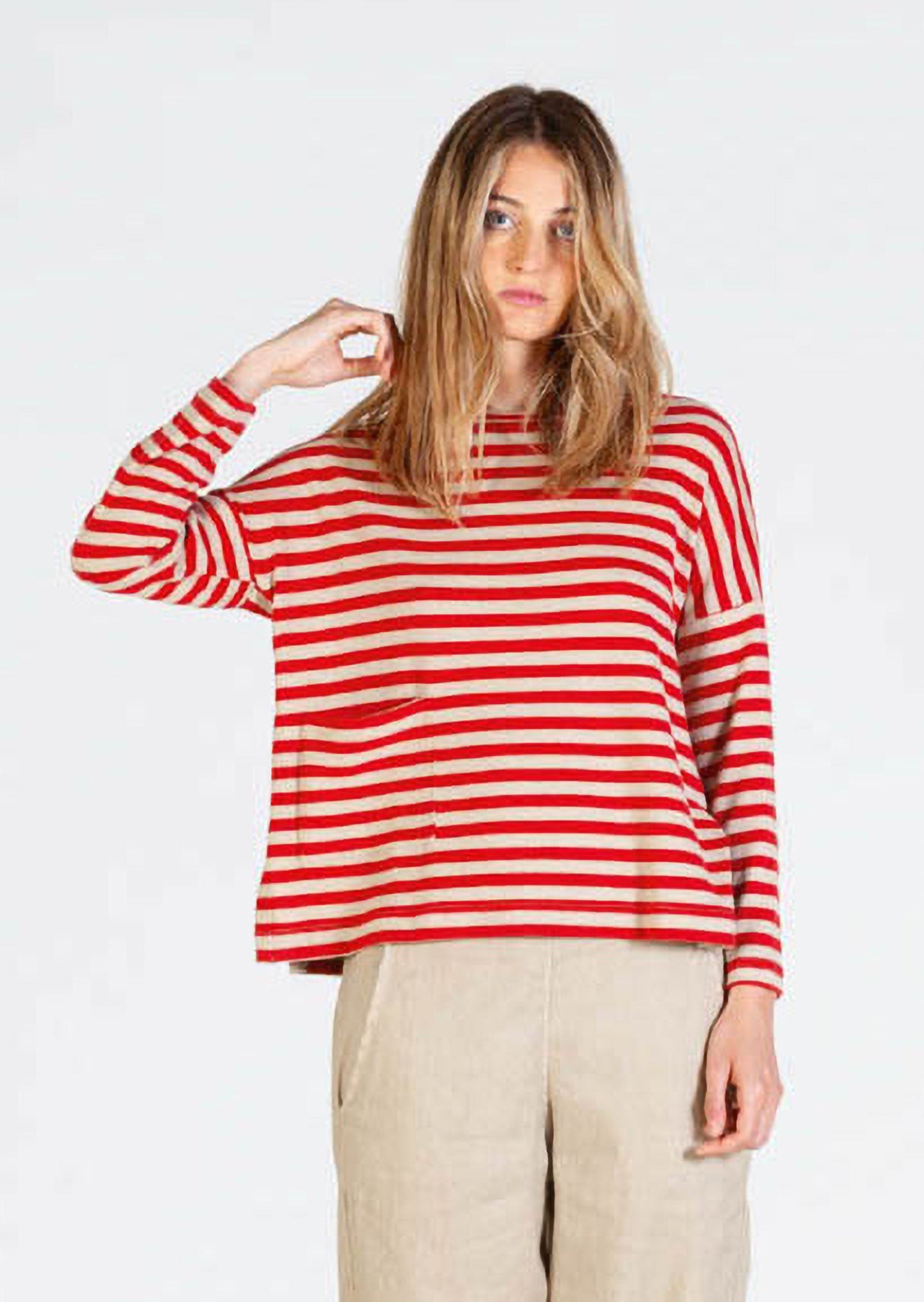 MAMA B - Cozy Spring Pocketed Pullover in Red and Creme Stripes