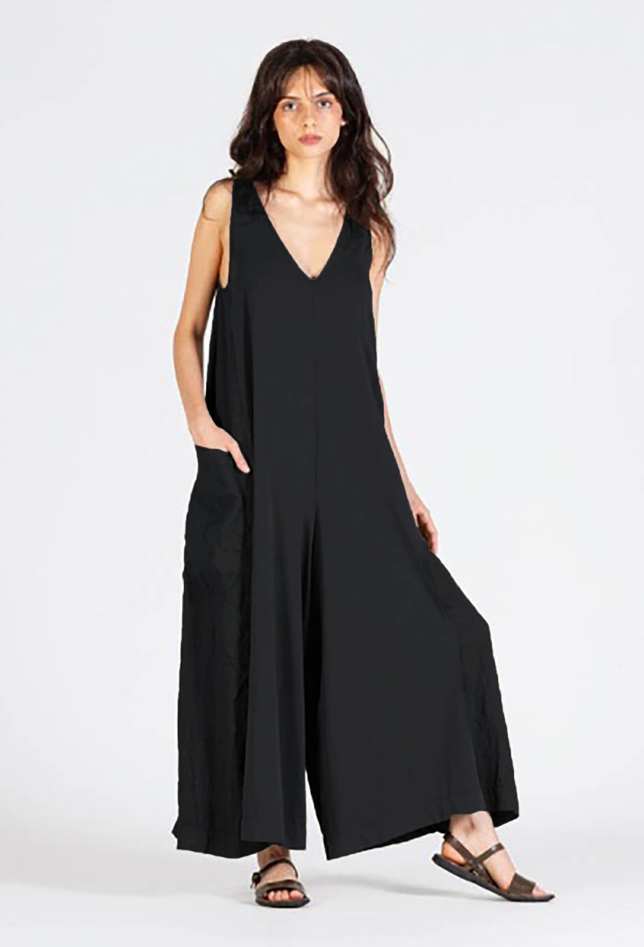 MAMA B Linen Insert Wide Leg Jumpsuit in Black