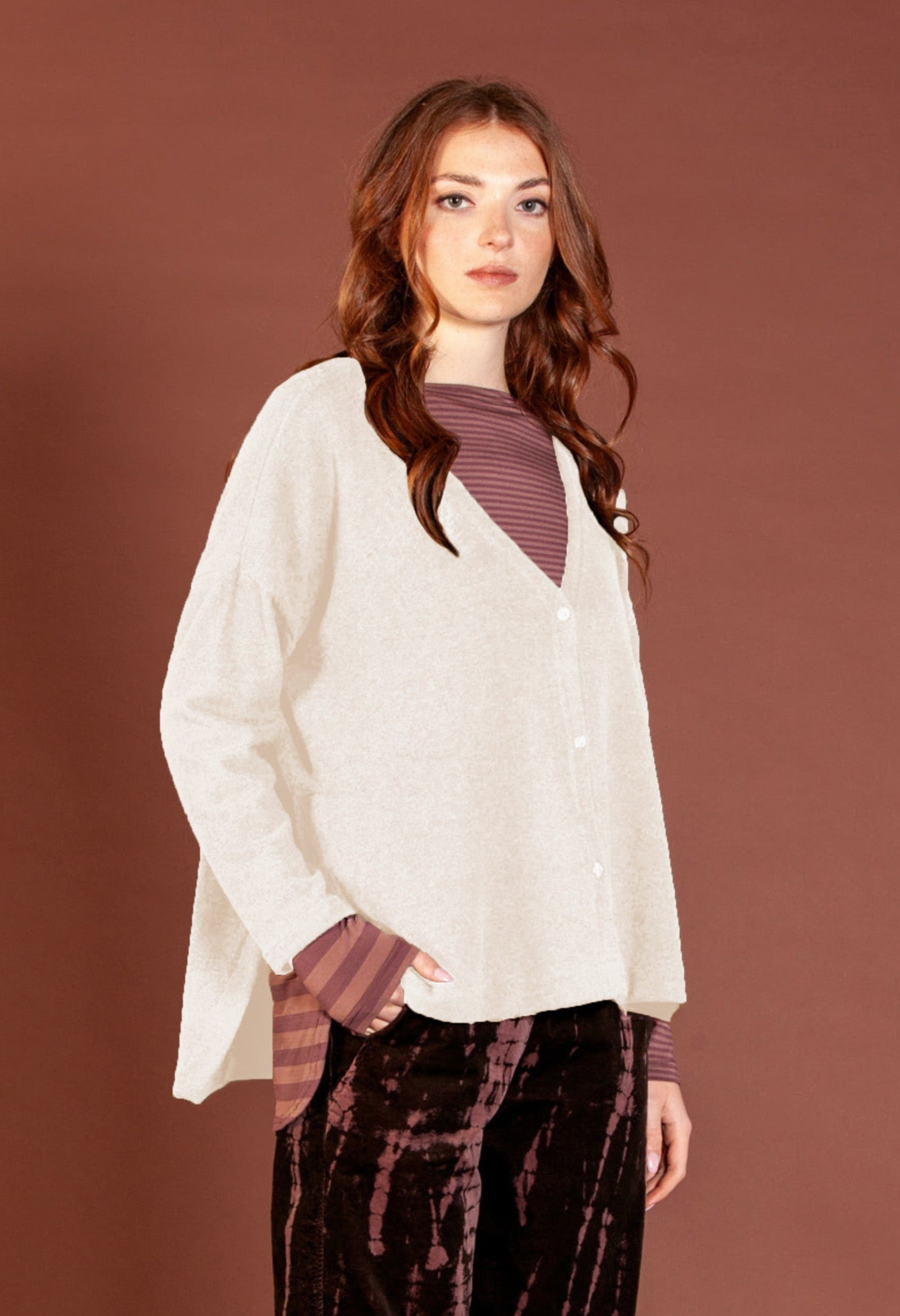 MAMA B Cozy Knit V Neck Cardigan in Latte