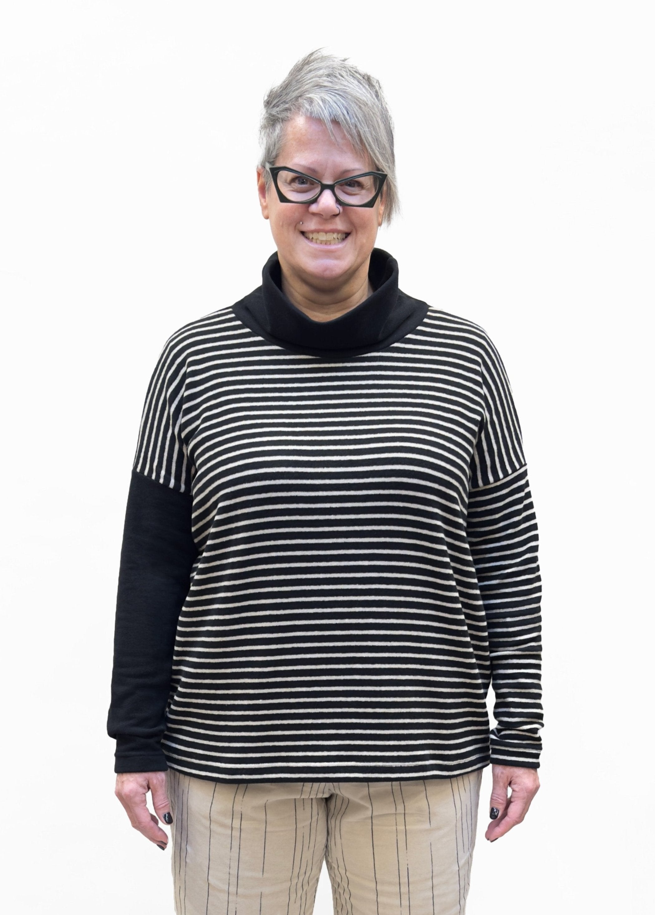 MAMA B - Boxy Cowl Neck Top in Black Stripes